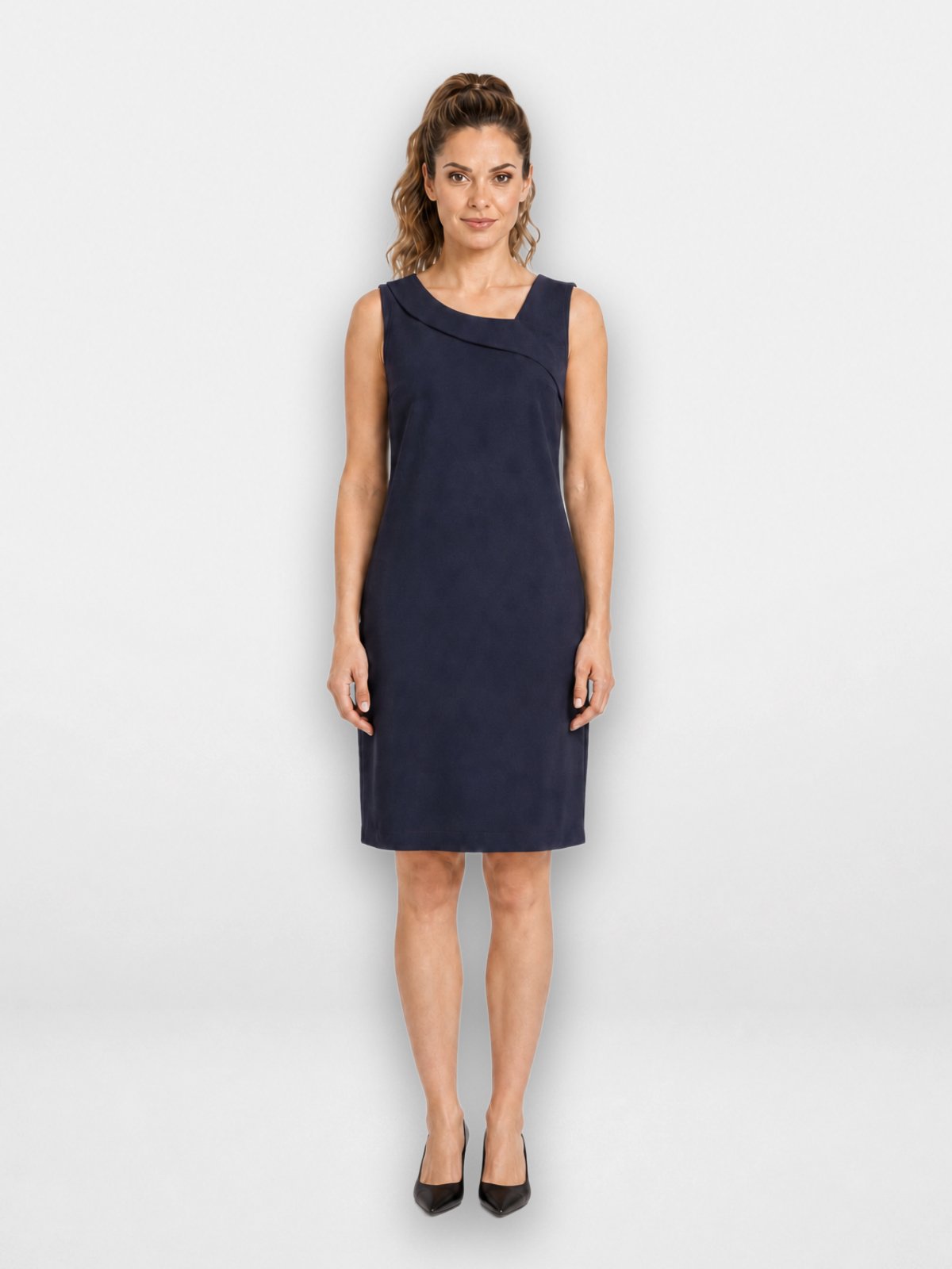 Vestido Feminino Pompier Curto Assimétrico em Crepe com Decote Drapeado Azul Marinho