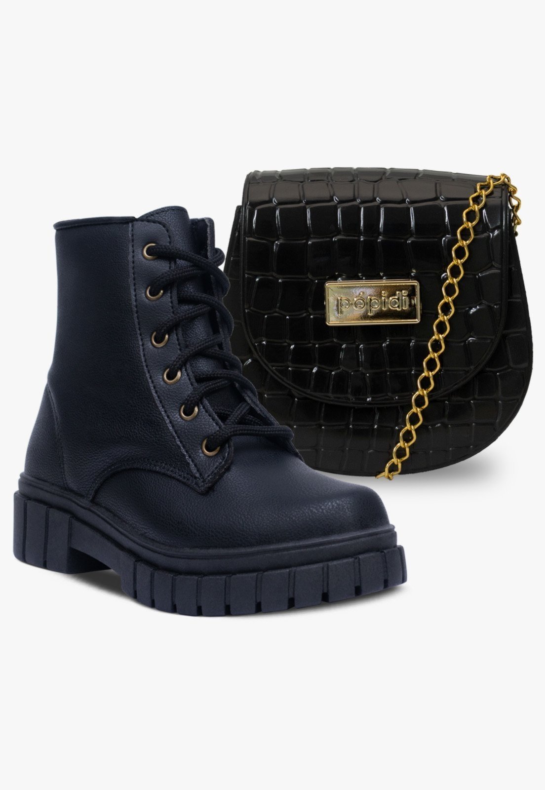 Infantil – Kit Bolsa e Bota Coturno Feminino Pópidi Preto