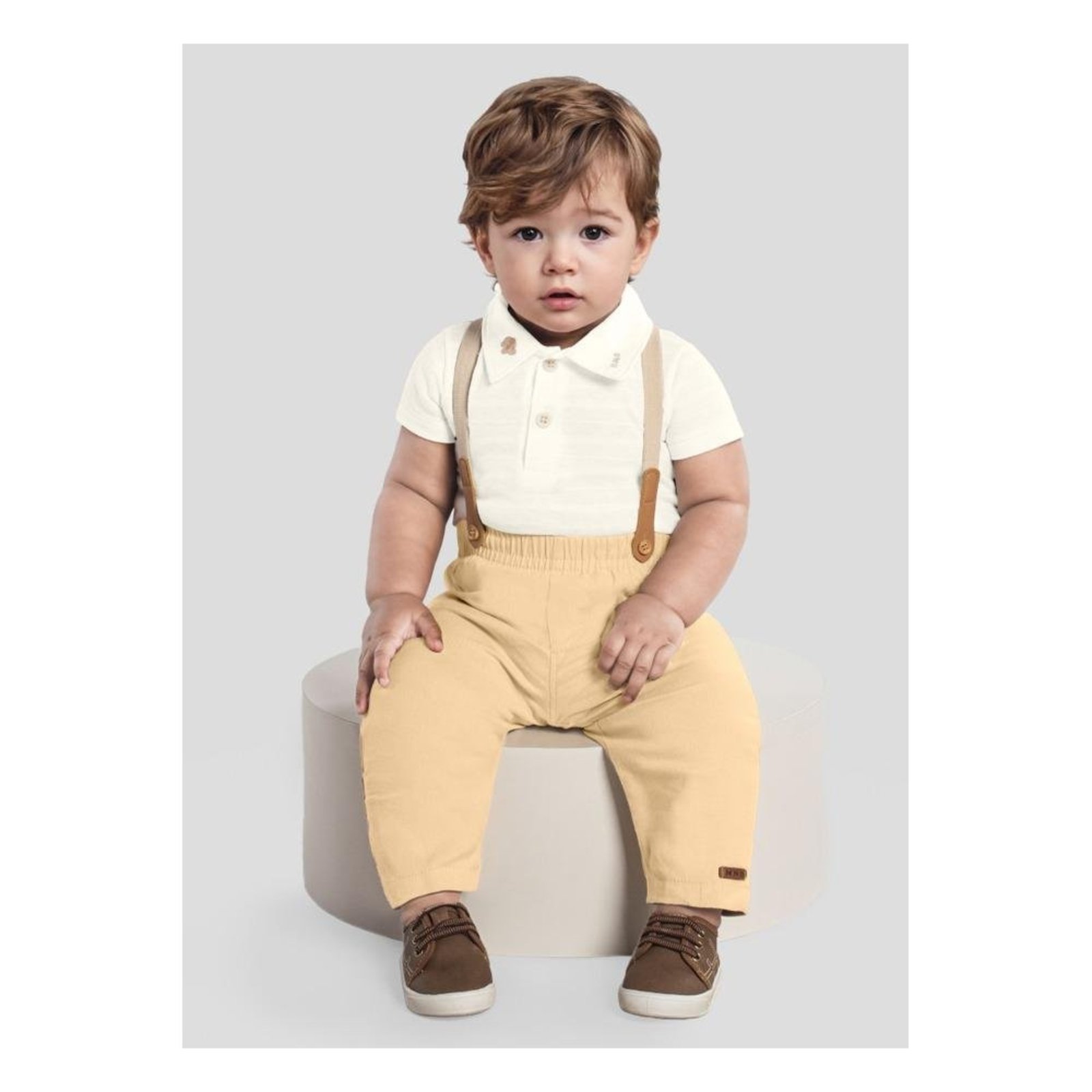 Infantil - Conjunto Polo Calça Suspensório Brandili Branco Amarelo M Amarelo