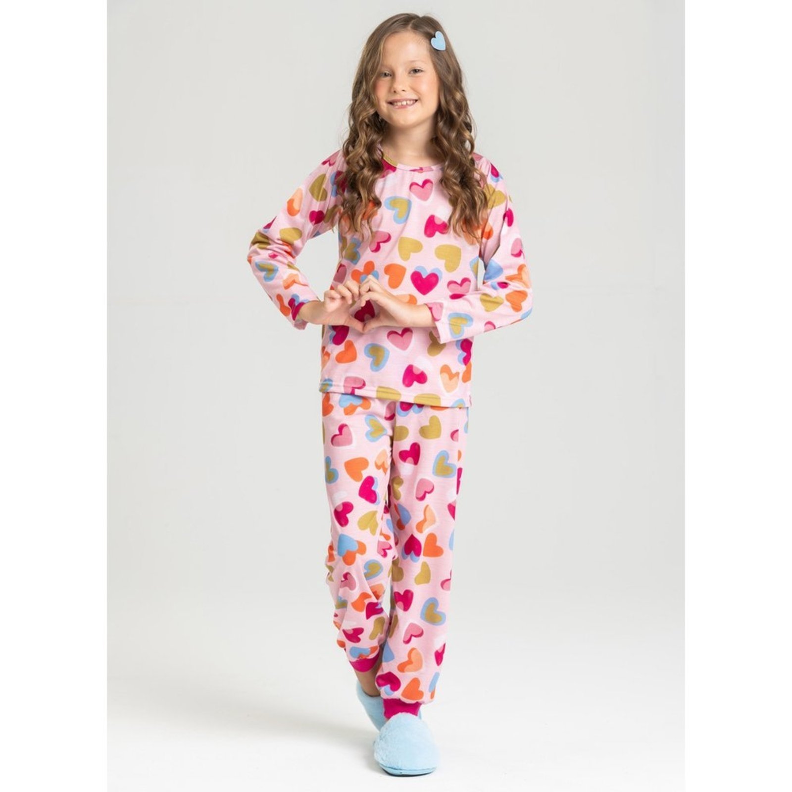 Pijama Longo Menina Rosa Corações Coloridos