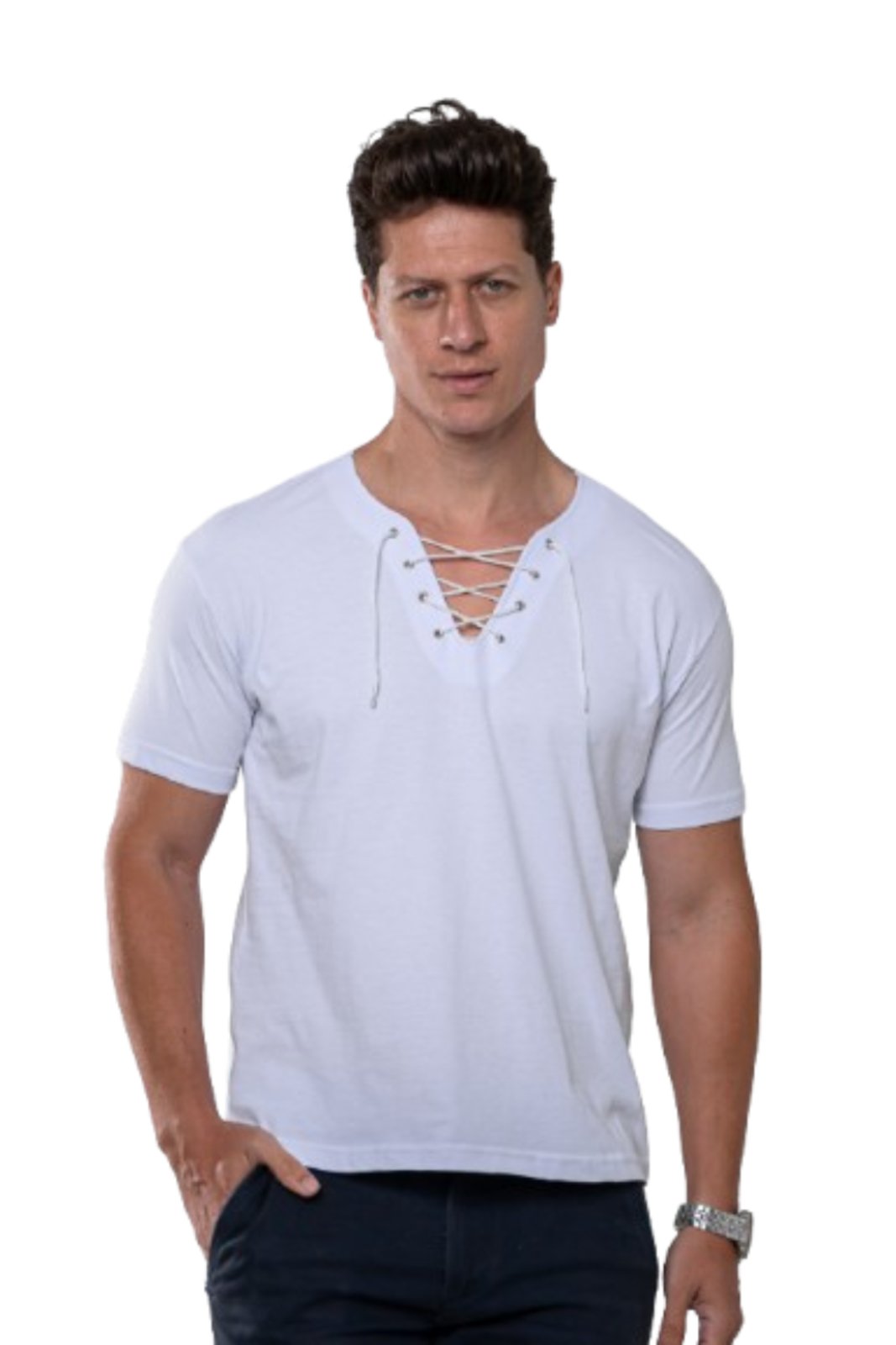 Camiseta Camisa Masculina Manga Curta Garais Moda 100% Algodão Gola V Com Cordão e Ilhós Moderna Branco