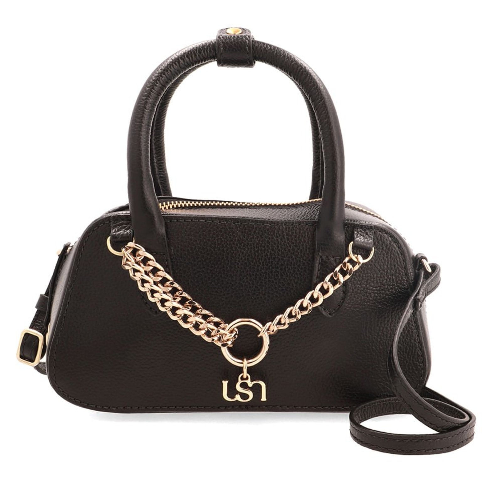 Bolsa Tote Em Couro Preto Com Zíper e Alça Ajustável