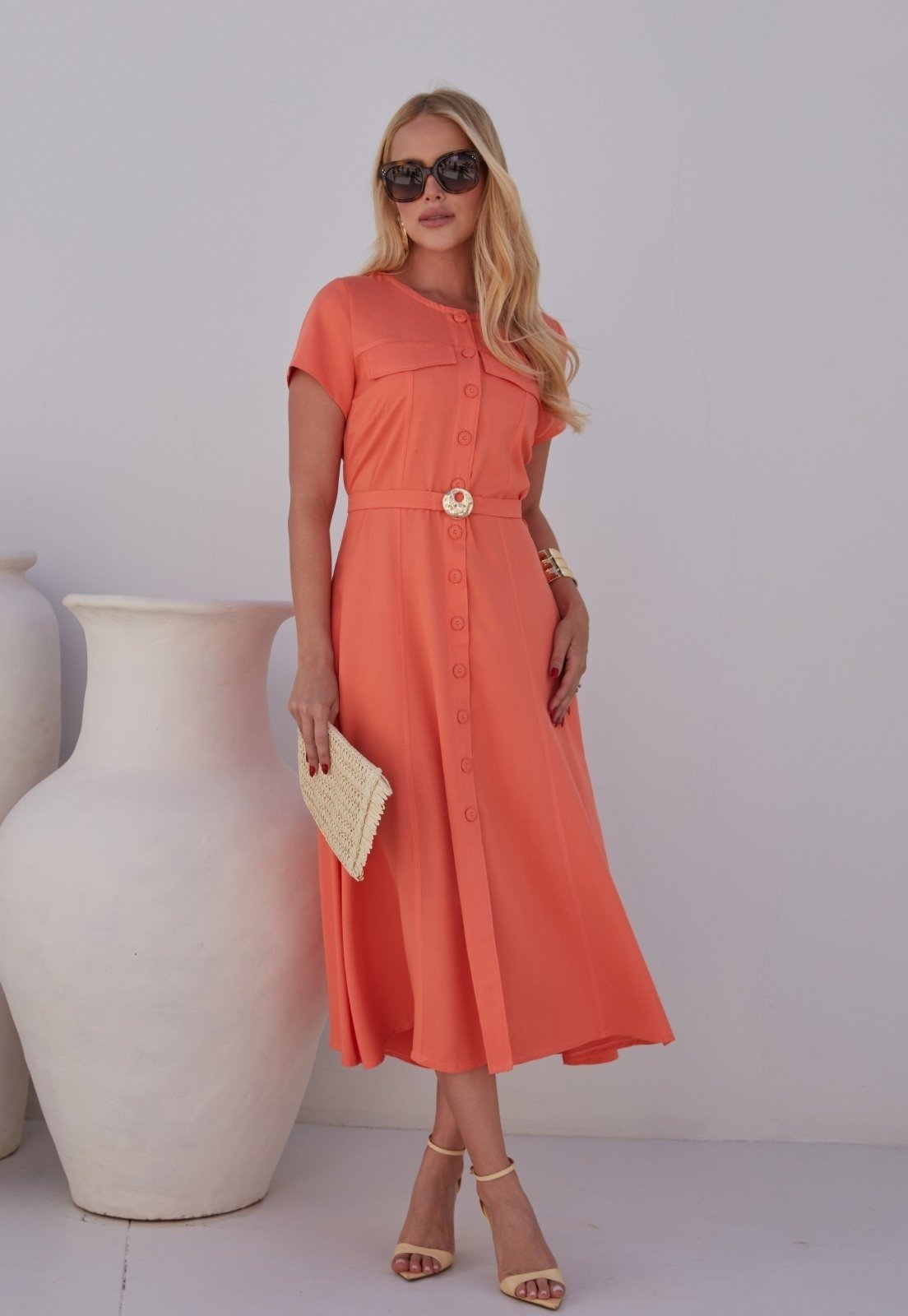 Chemise Mamorena Midi Godê em Viscose Sarjada Manga Curta com Cinto de Amarrar