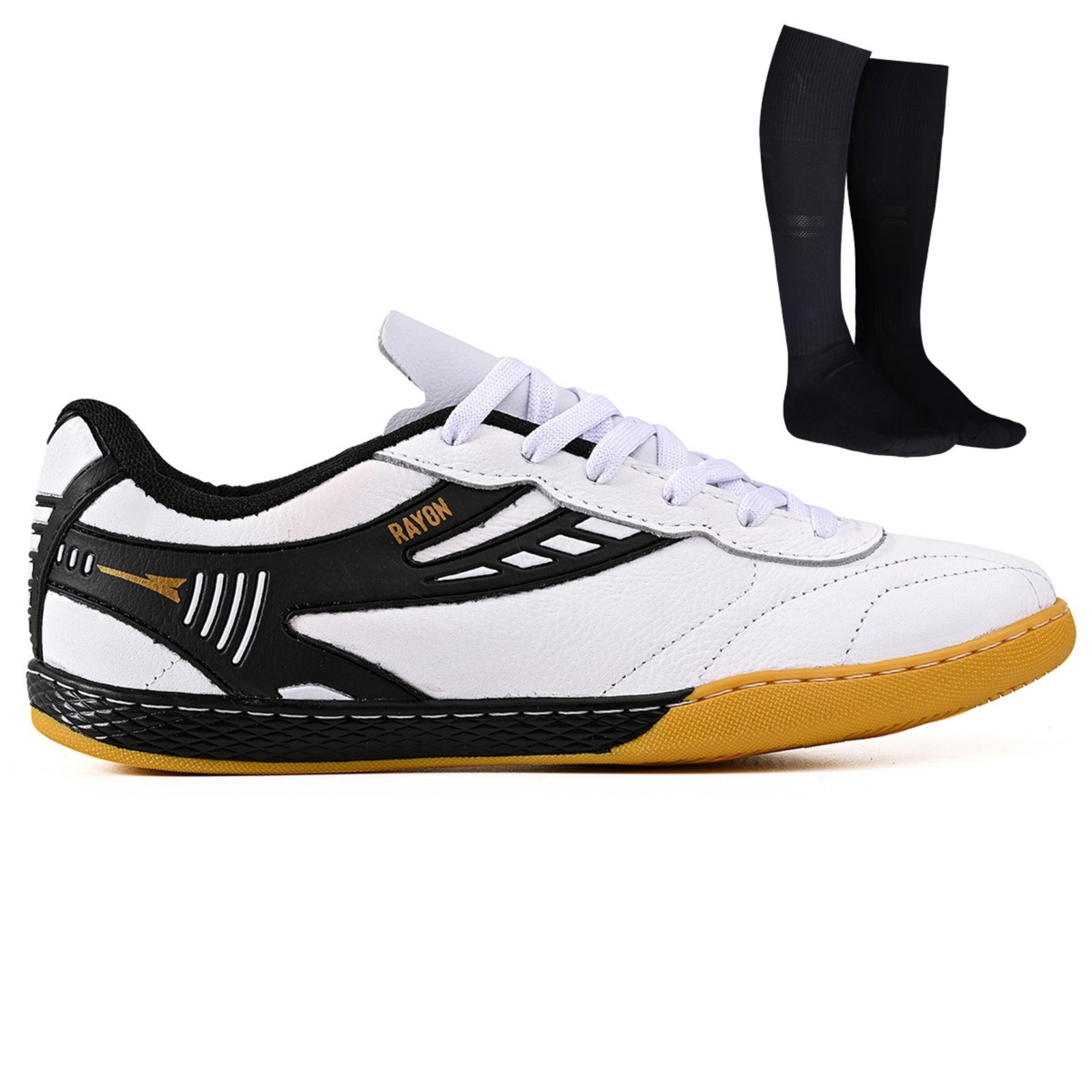 Vista 2 Chuteira Futsal Profissional Masculina em Couro Futebol de Salao Quadra + Meião CALCADOS LGHT LIGHT branco CALCADOS LGHT LIGHT branco