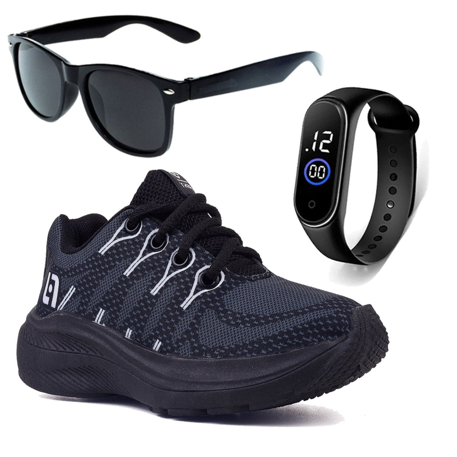 Infantil – Tenis Meninos Casual Preto Preto + Óculos e Relógio