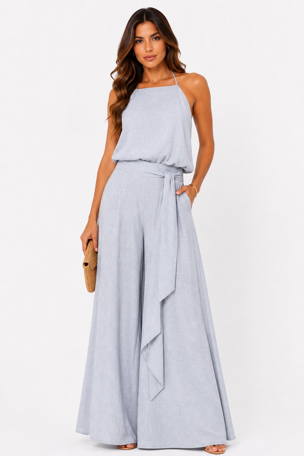Conjunto D Bell Outlet Fashion Blusa Frente Única e Calça Pantalona Cinza