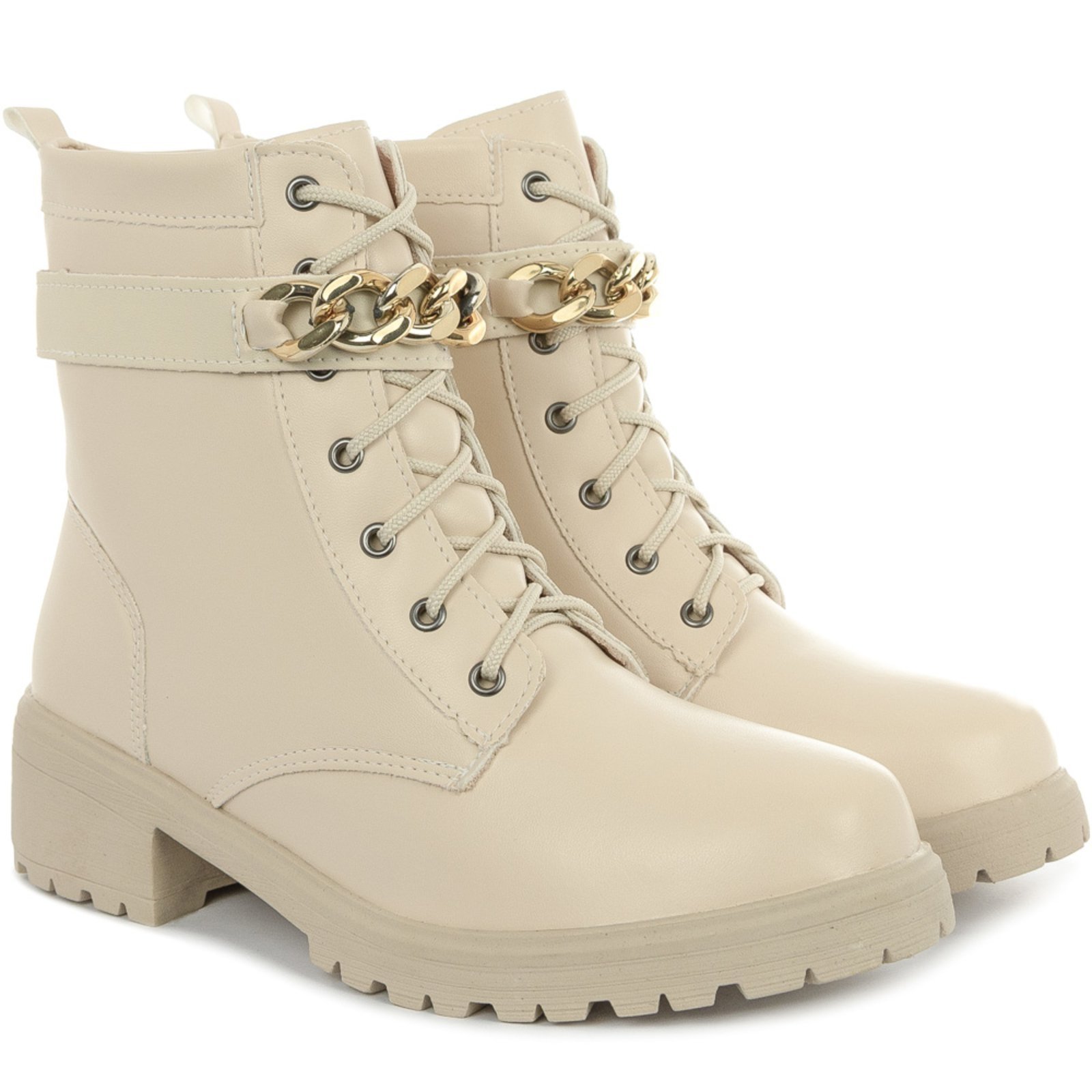 Coturno Feminino Bota Tratorada Salto Baixo Confortável Off White