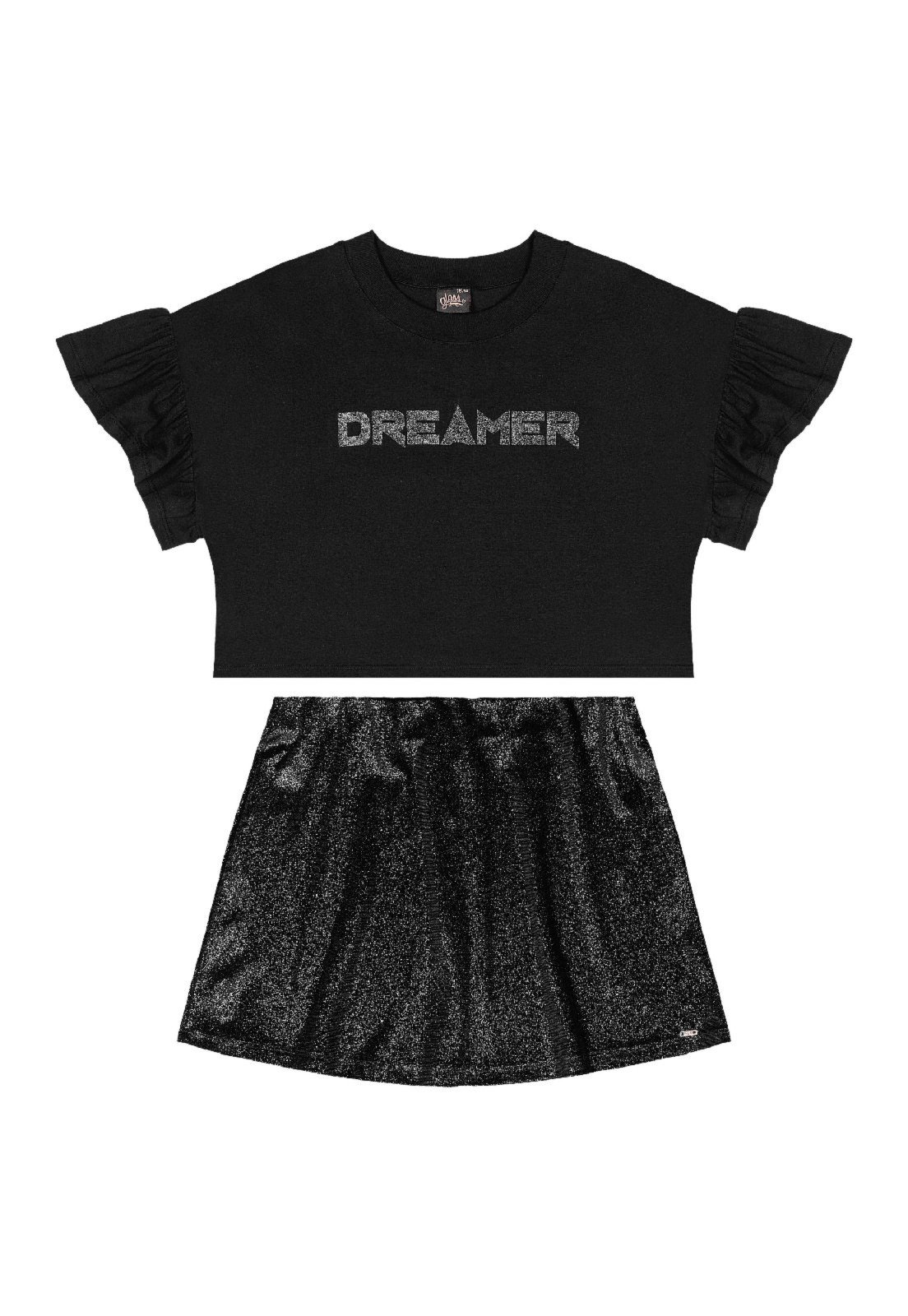 Vista 3 Infantil - Conjunto Blusa Cropped Saia Brilhante Gloss preto Gloss preto