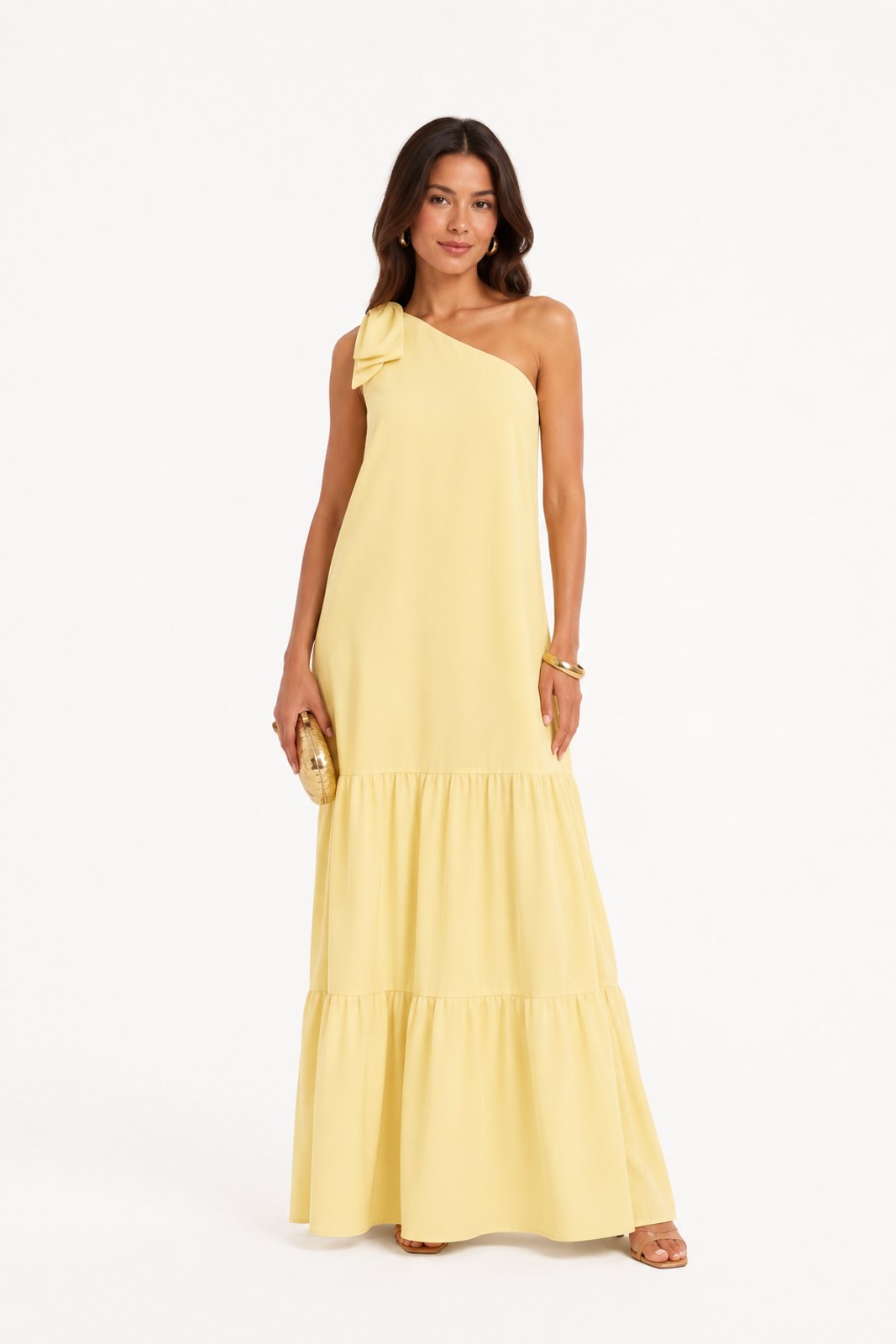 Vestido Longo D Bell Outlet Fashion Manga Nula Amarelo Manteiga
