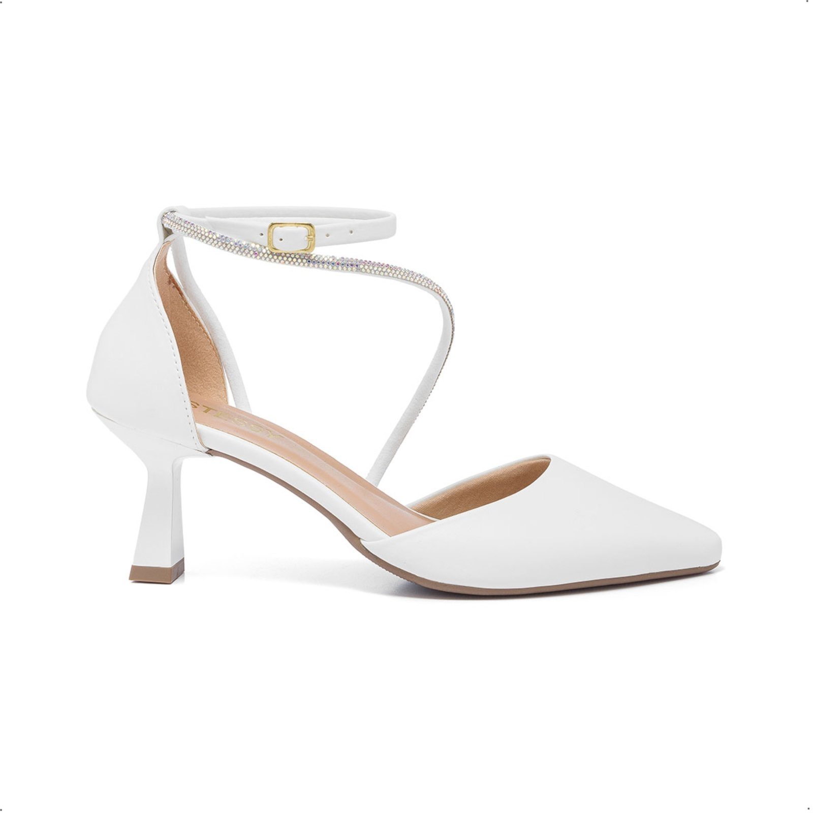 Scarpin Feminino Stessy Salto Taça Bico Fino Elegante Strass Luxo Branco