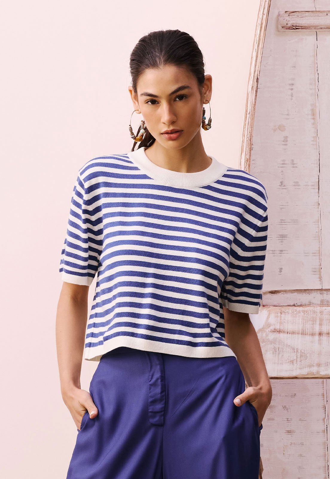 Blusa Tricot CaCay Reta Boxy Listrada Off-White
