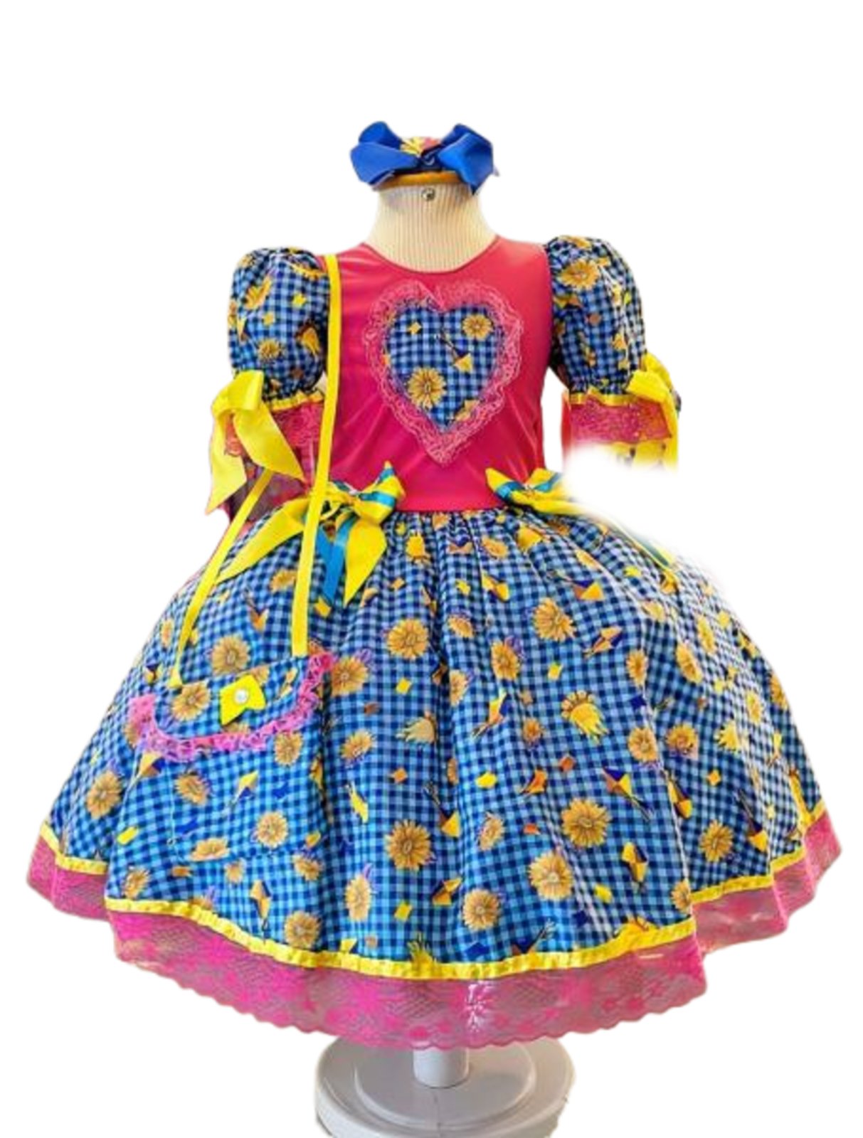 Infantil - Vestido Xadrez Festa Junina Rosa Pink Azul Girassol Bolsa Junino Caipira Quadrilha São João