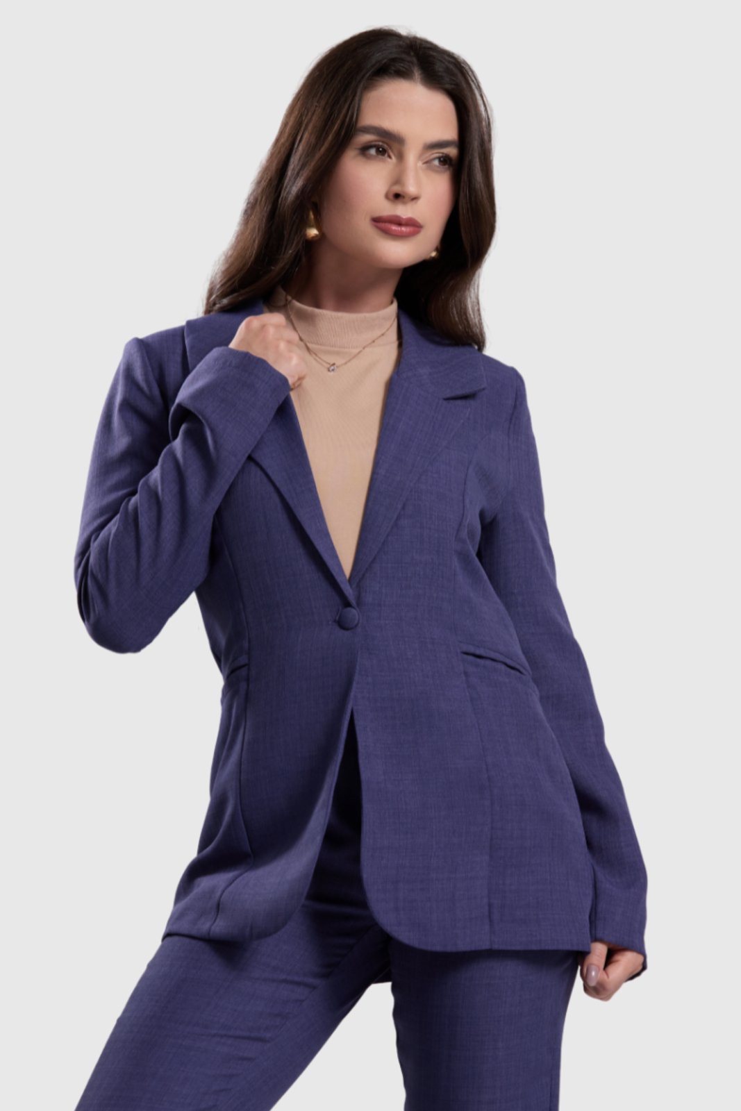 Blazer Feminino Amora Café Alongado Linho Azul