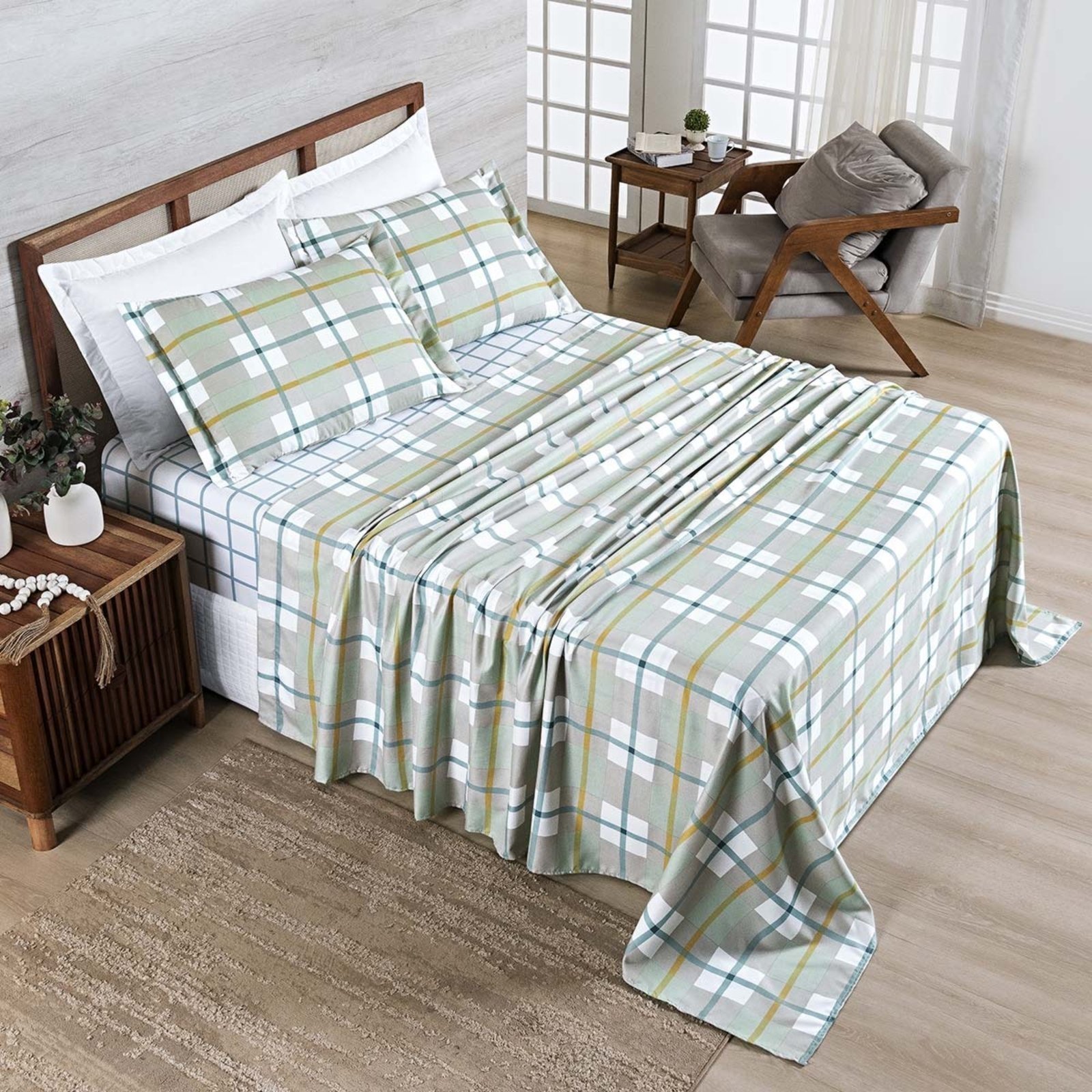 Jogo Cama Lençol Casa Scarpa Belle Casal Padrão 400 Fios Estampado 4 Peças Grid Verde