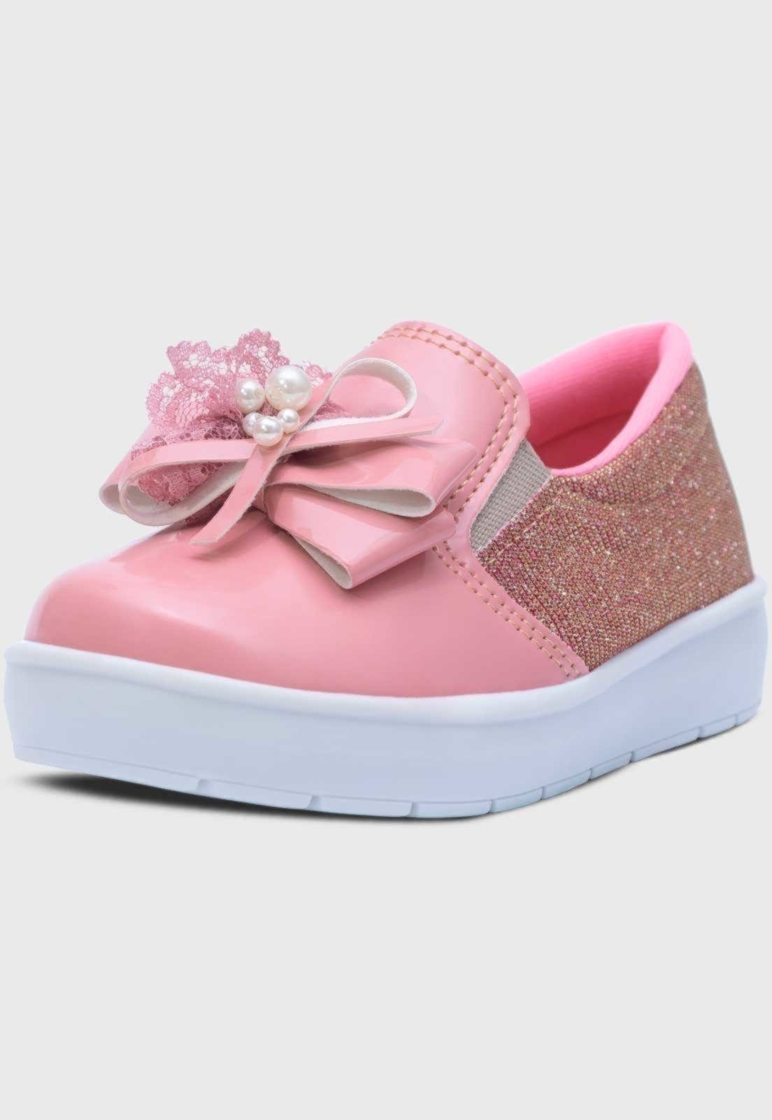 Vista 2 Infantil - Tenis Slip On Feminino Popidi Laço Perola Renda rosa Pópidí rosa