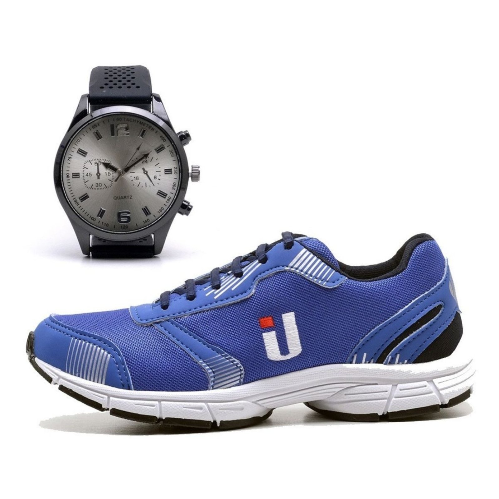 Tênis Masculino Esportivo Izabella Helena Academia Treino Confortável Leve com Relógio Combo Azul