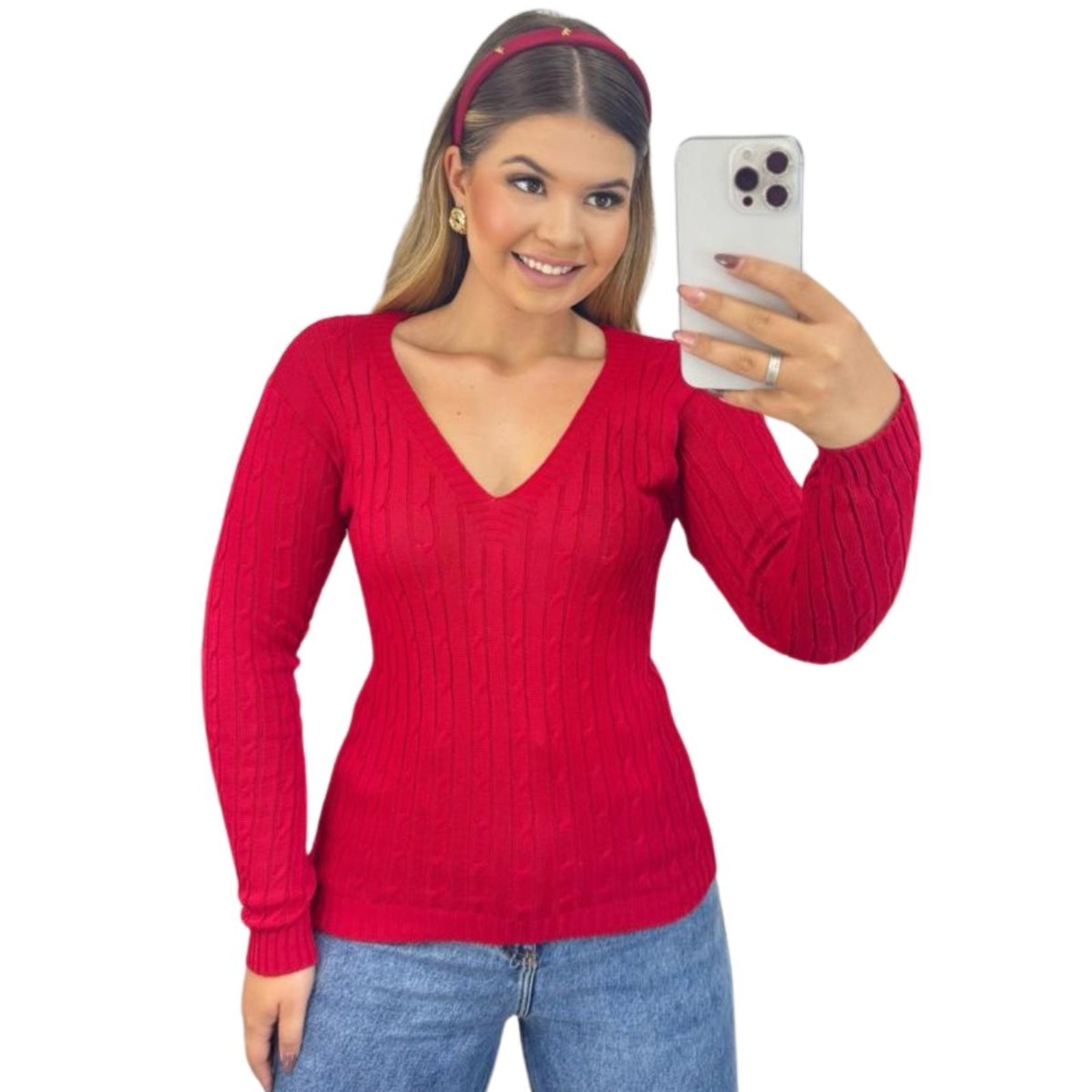 Blusa Feminino FMF Suéter de Tricô Vermelho Manga Longa