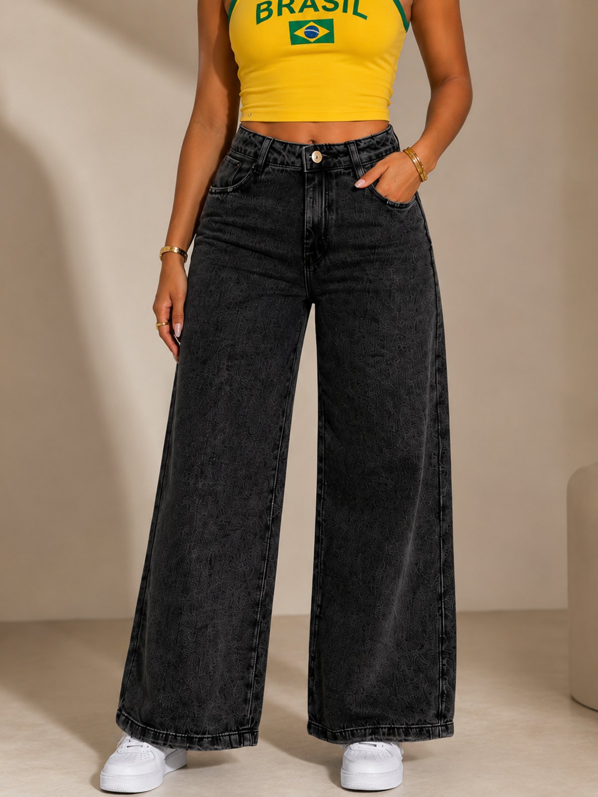 Calça Wide leg Feminina Grafite Jeans Cintura Alta Estonada Premium Estilosa Preto