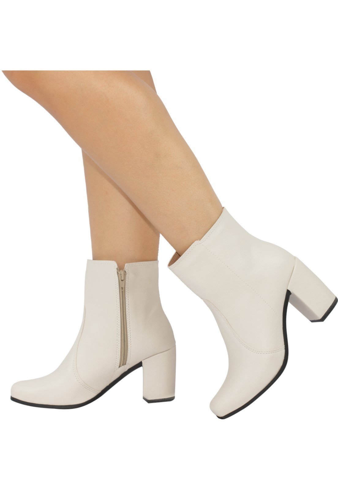 Bota Feminina Cano Curto Confortável Amorelle Salto Alto Grosso Bico Quadrado Off White