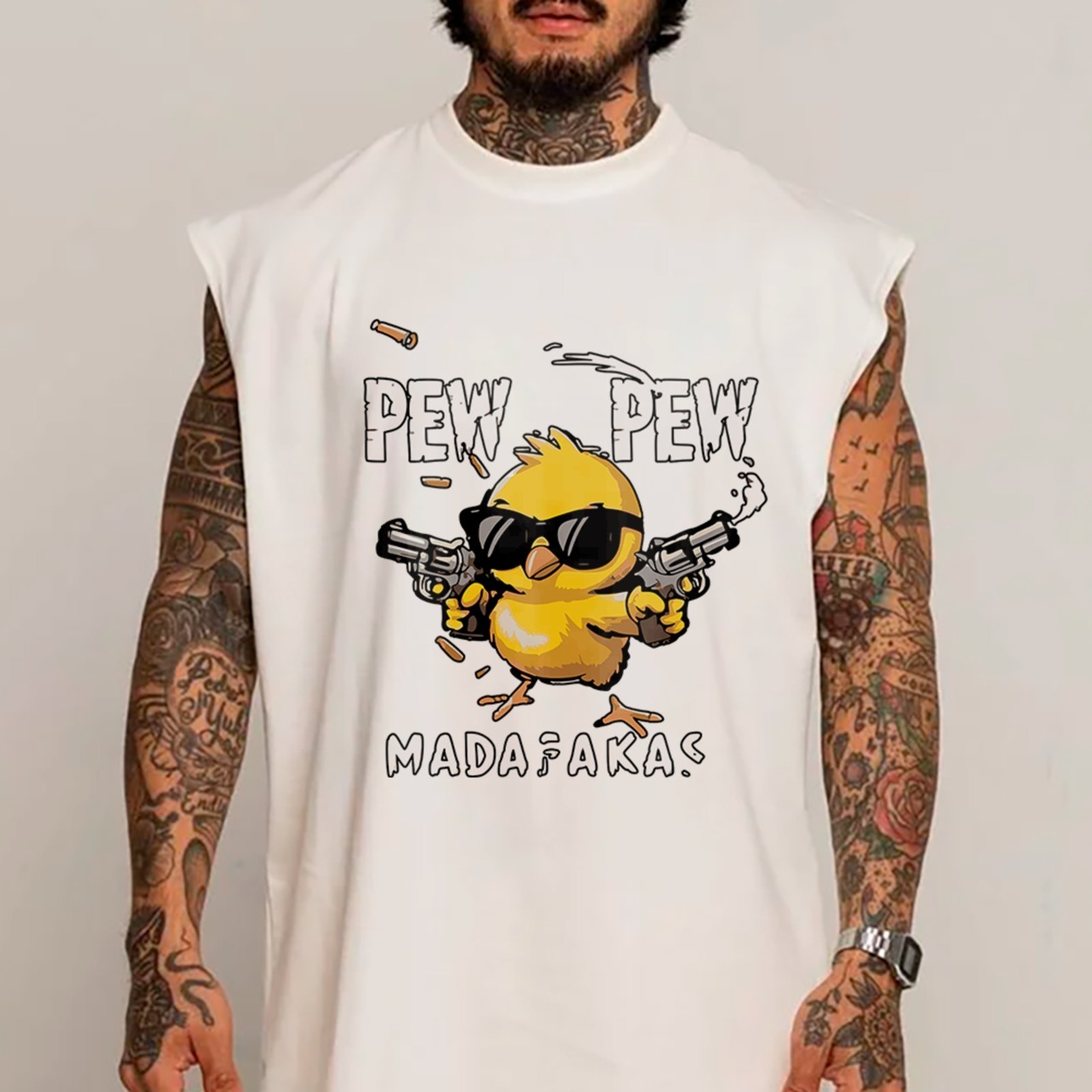 Camiseta Regata Machão Patinho Funny Pew Pew Moda Urbana Hype Branco