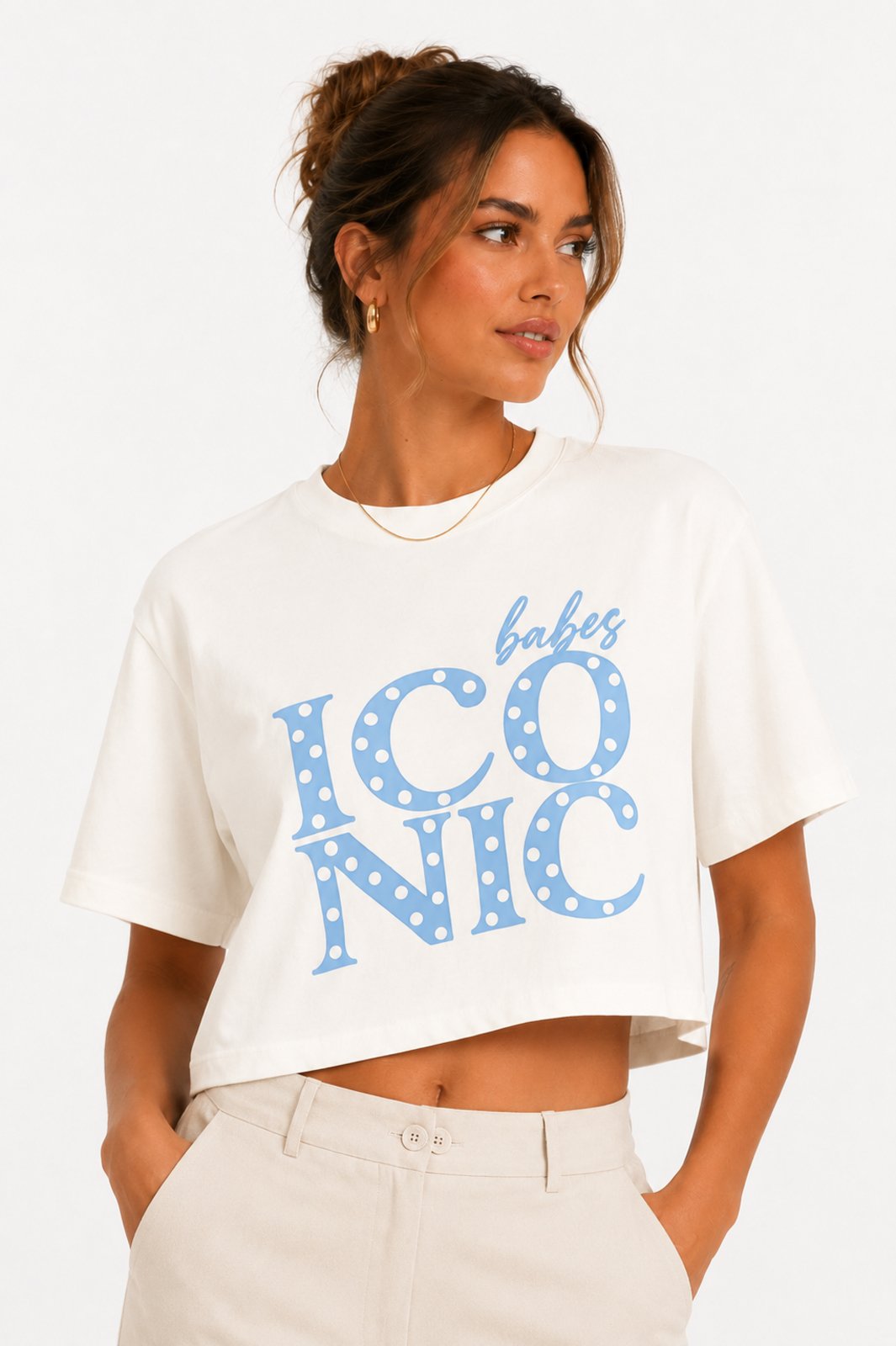 Cropped Feminino D Bell Outlet Fashion Oversized Iconic Off-White e Azul