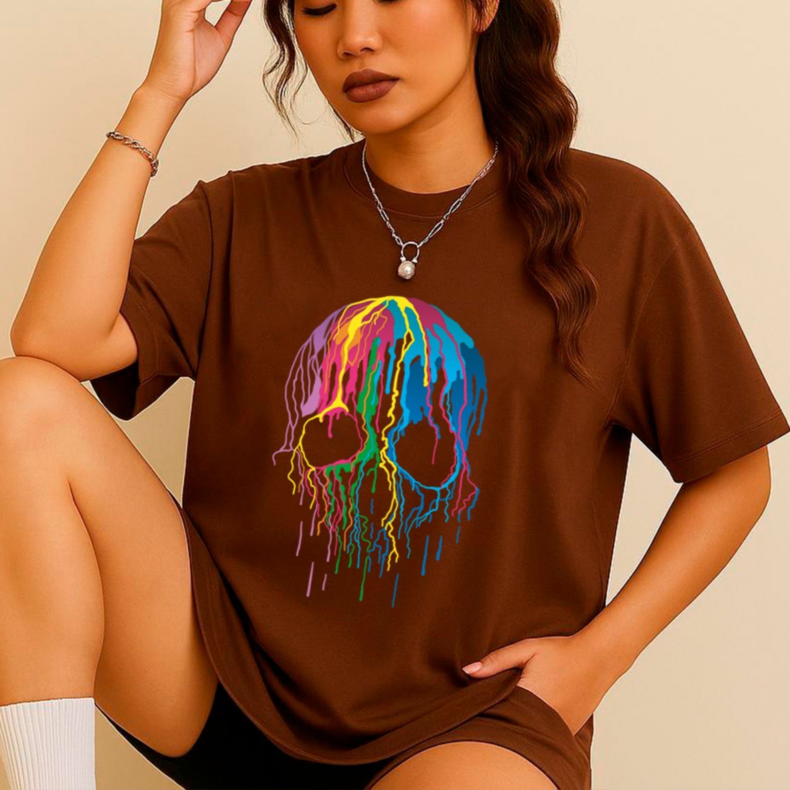 Camiseta Ousy Básica Caveira Psicodélica Rock Style Unissex Marrom
