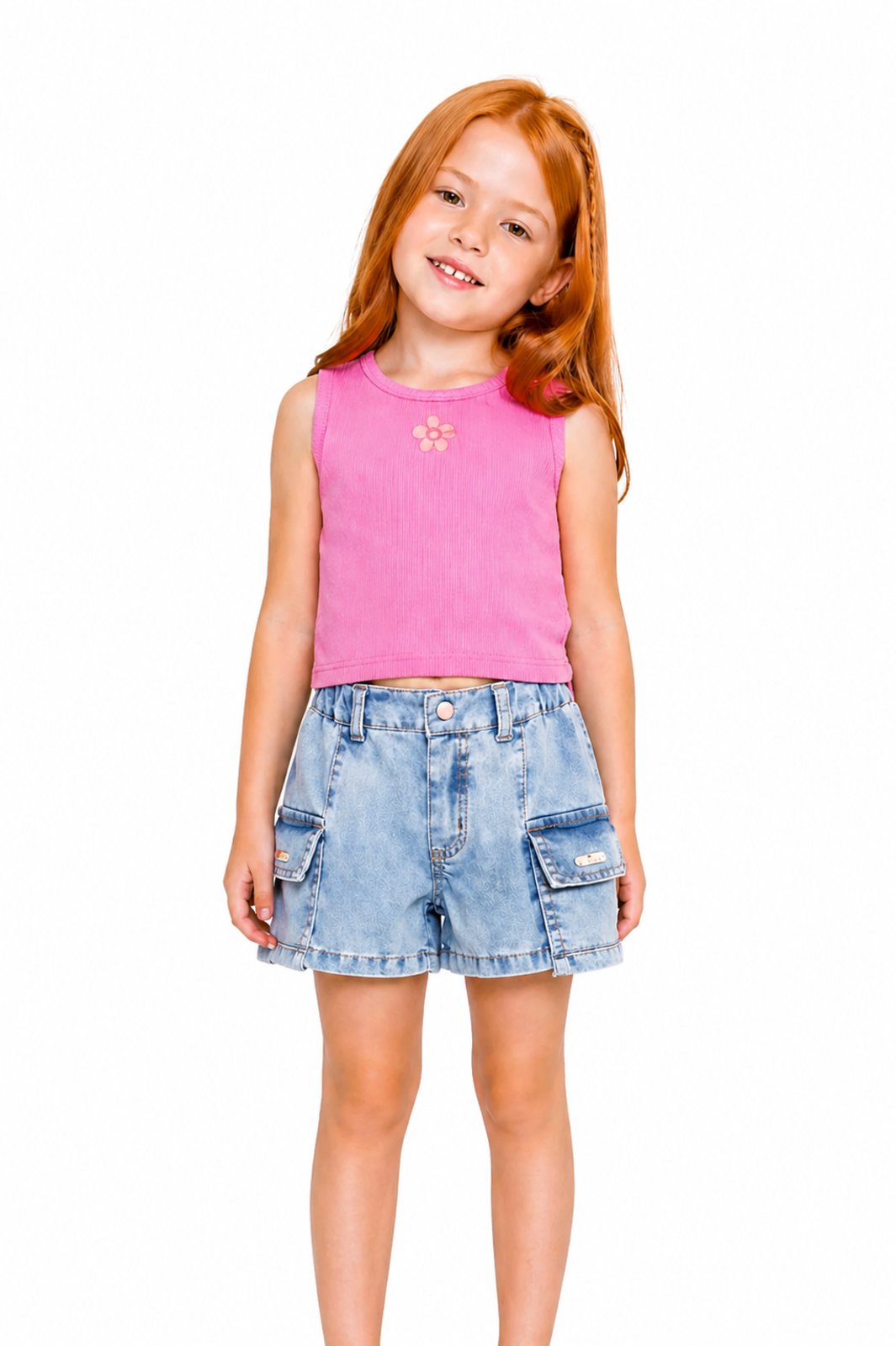 Infantil - Regata Menina No Litoral Canelada Detalhe Flor Rosa Rosa
