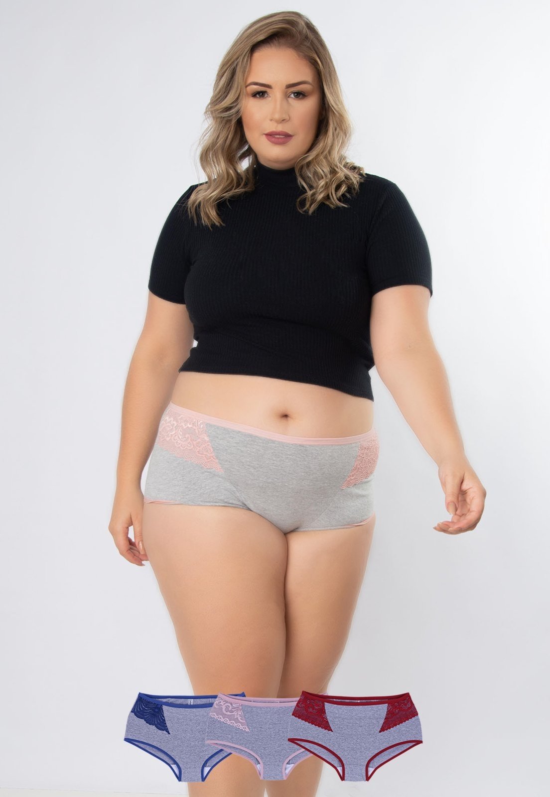 Kit 3 Calcinhas Mimo Plus Size Algodão Concept Lingerie Multicolorido
