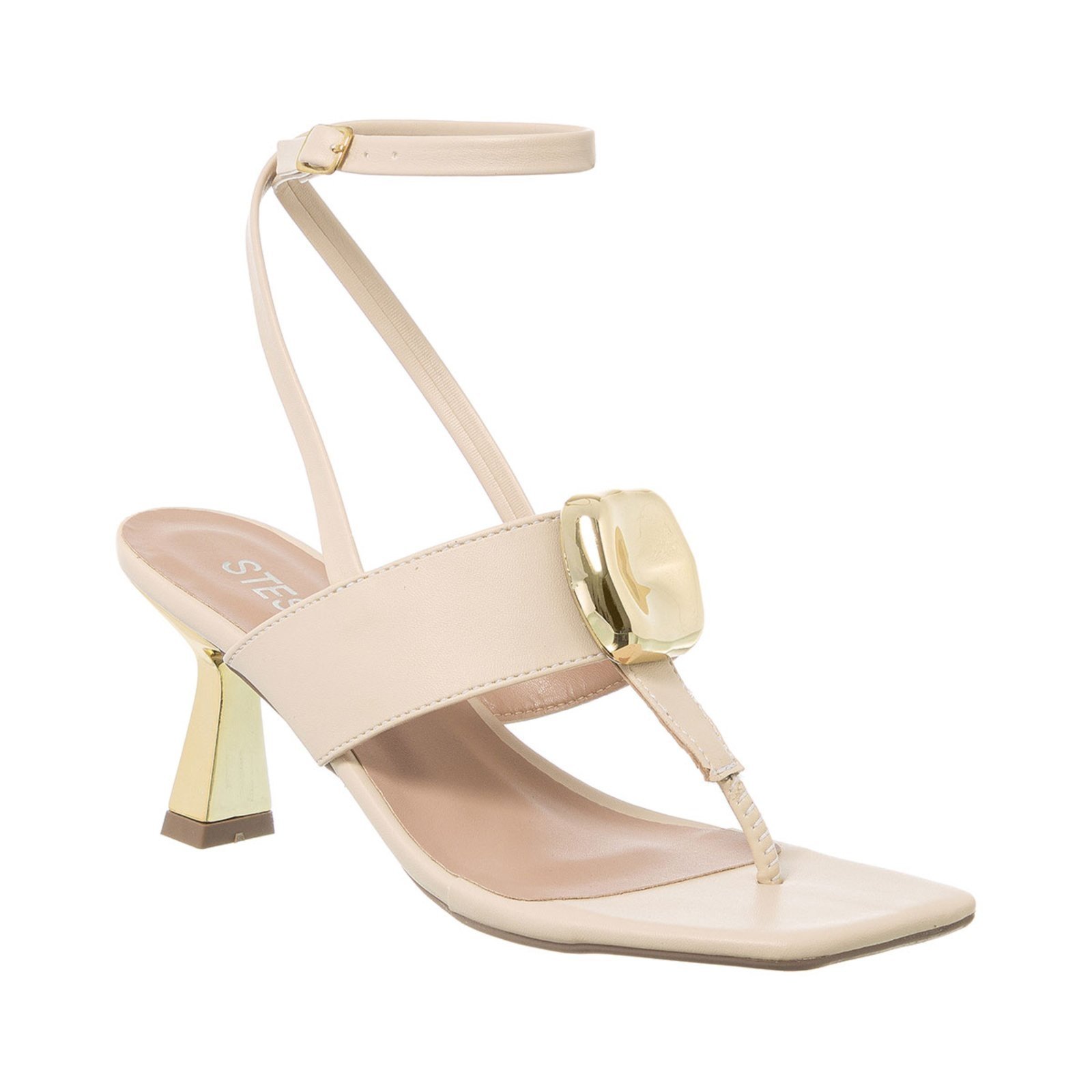 Sandália Feminina Stessy Shoes Salto Taça Baixo Enfeite Bloco Casual Luxo Off White