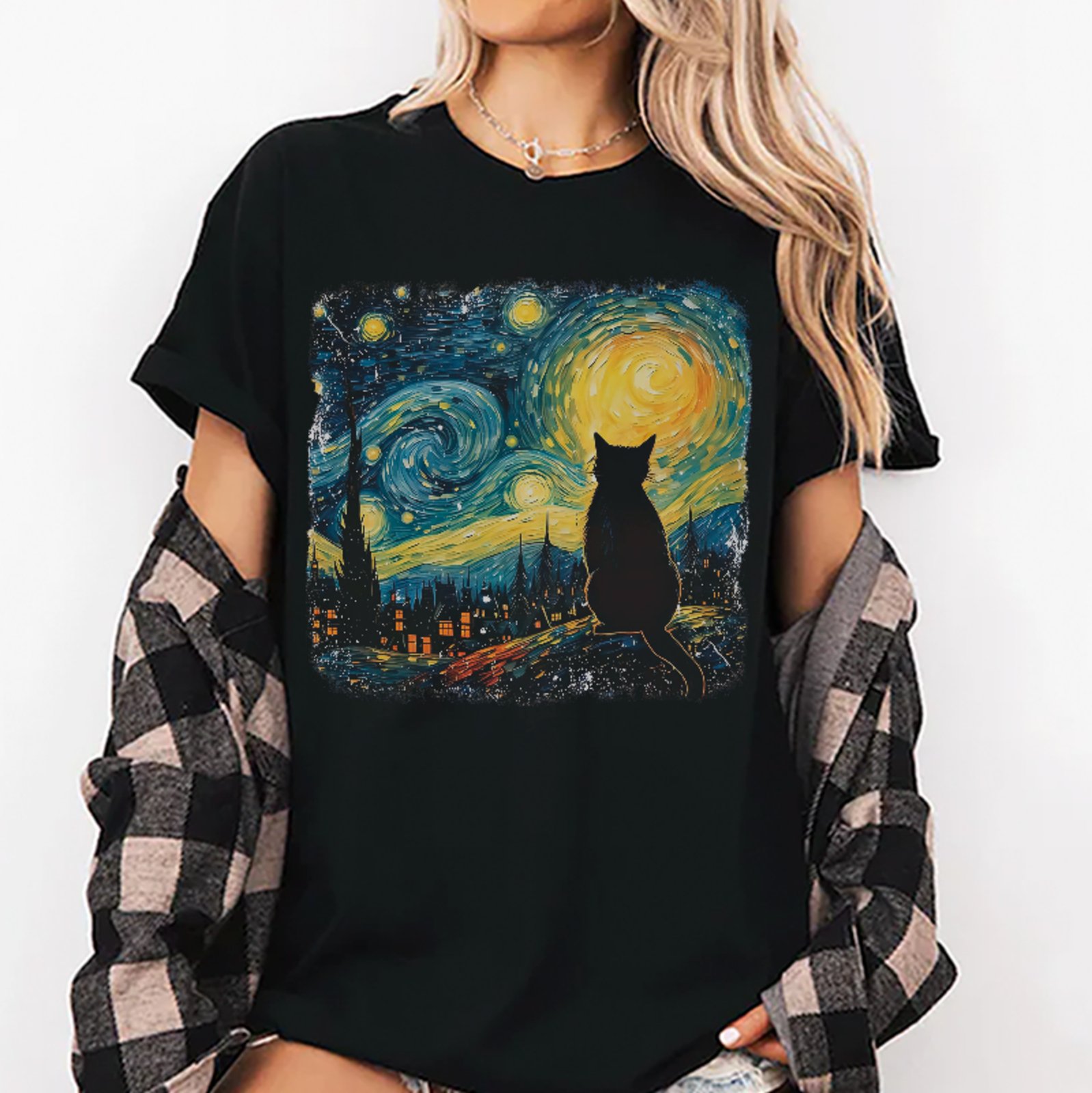 Camiseta Oversized Gato Noite Estrelada Arte Fashion Exclusiva Preto