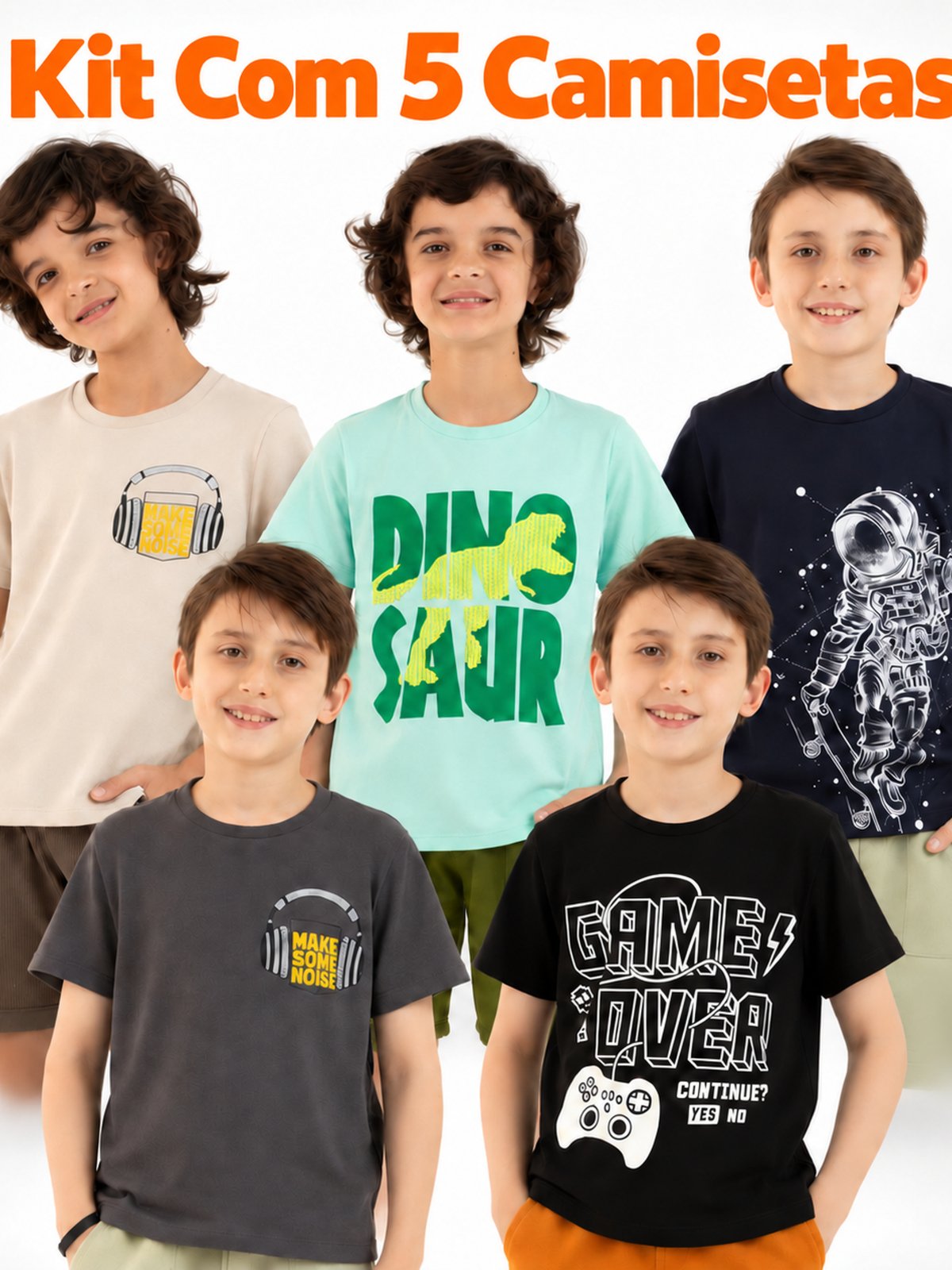 Infantil - Kit com 5 Camisas De Verão Menino Algodão Macio Confortável
