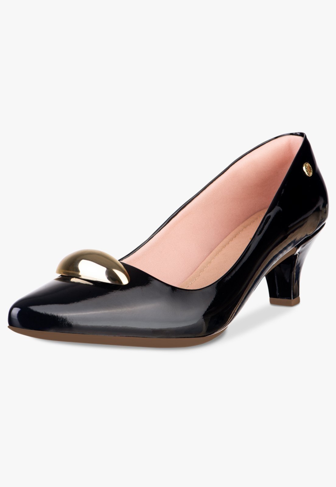 Scarpin Feminino Salto Fino Baixo Enfeite Dourado Metalizado Preto