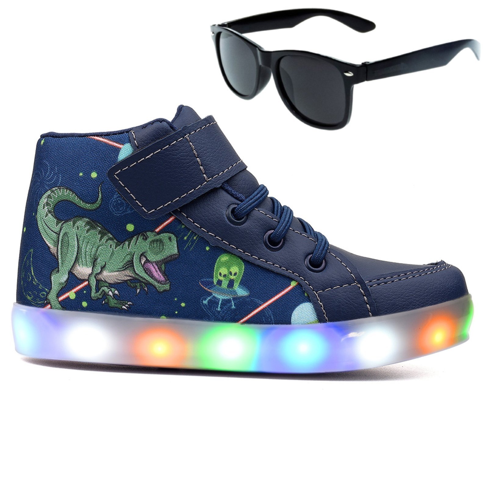 Infantil – Tenis Botinha de Led Meninos Dinossauro Marinho + Oculos