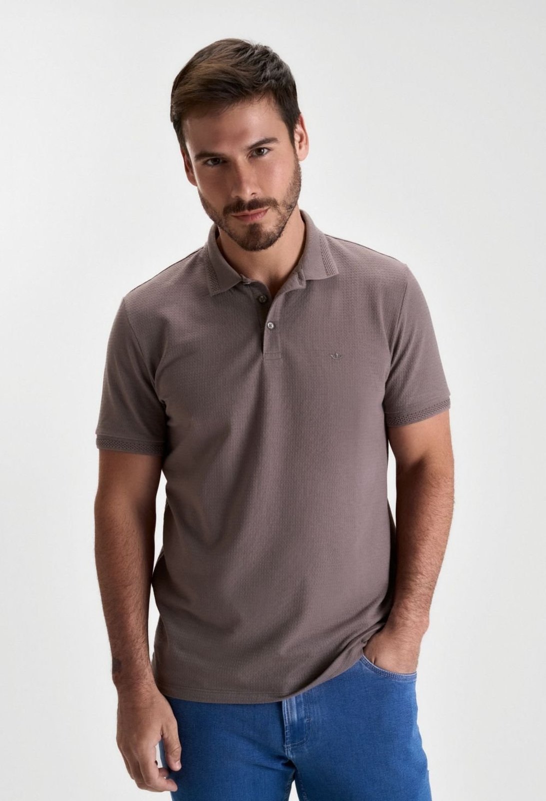 POLO DOCTHOS RELAXED FIT MANGA CURTA TEXTURA LISTRADO 014 Cinza G1