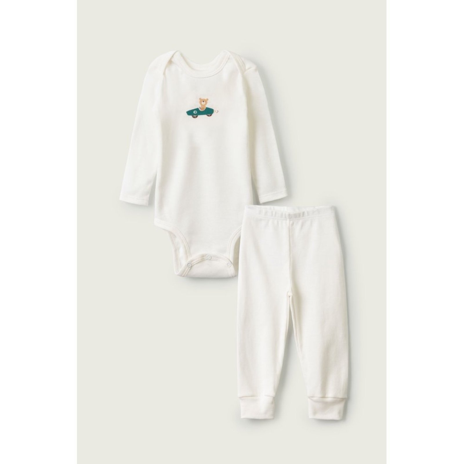 Infantil - Conjunto Body Longo e Calça do Papai Off White Urso Carrinho