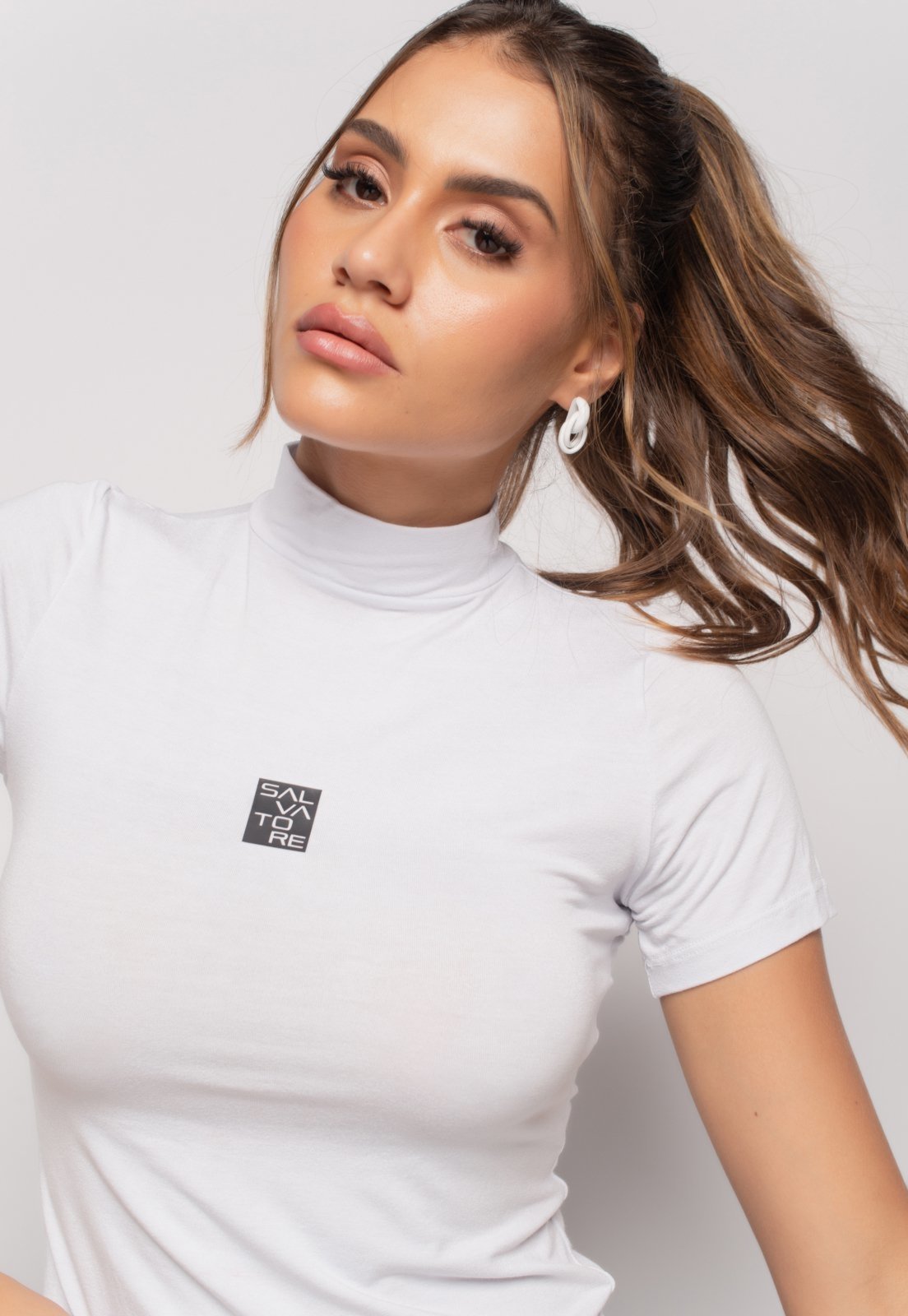 Blusa Sport Gola Alta Manga Curta Malha Salvatore Branca