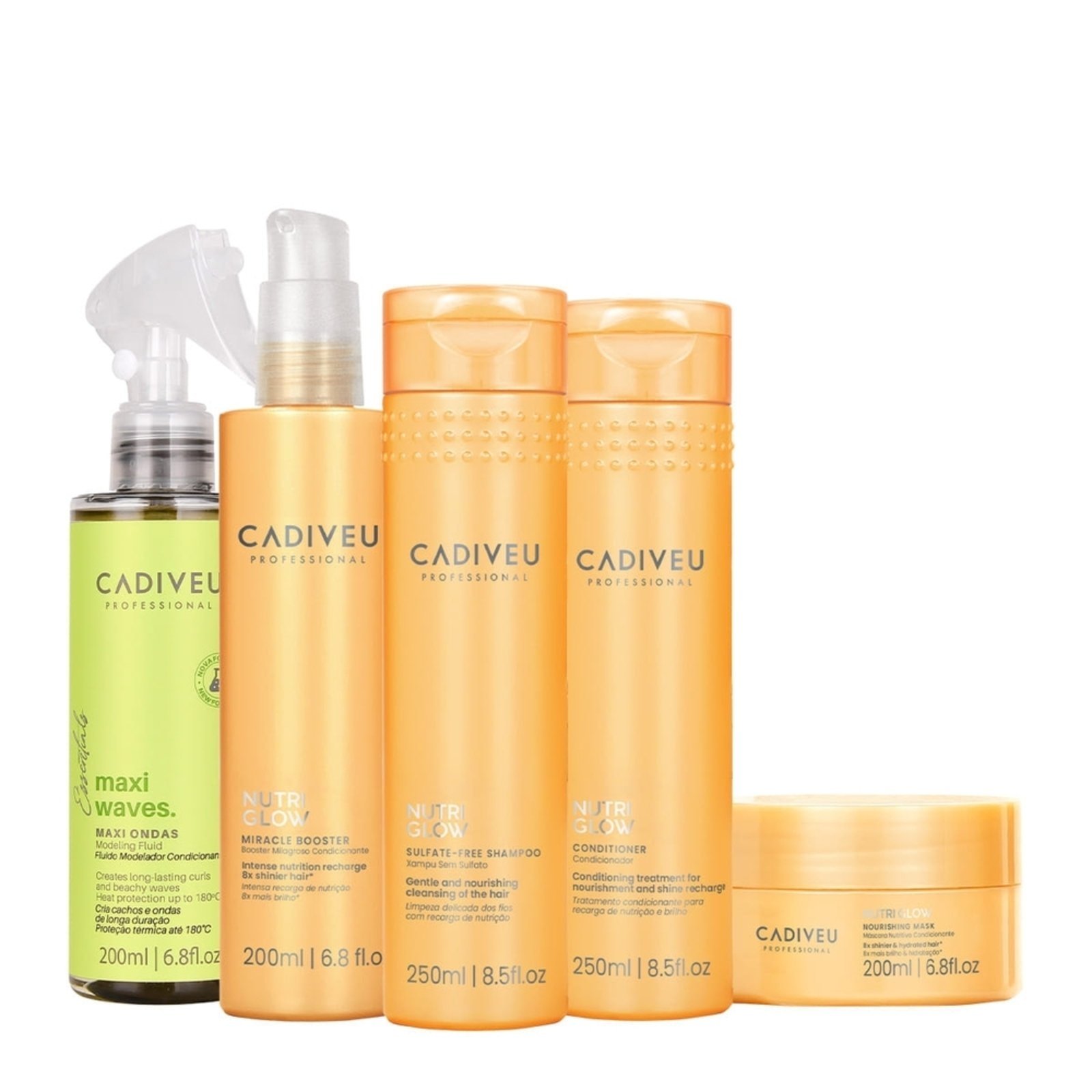 Kit Cadiveu Professional Nutri Glow Shampoo Condicionador Máscara Fluído e Leave-in (5 produtos)