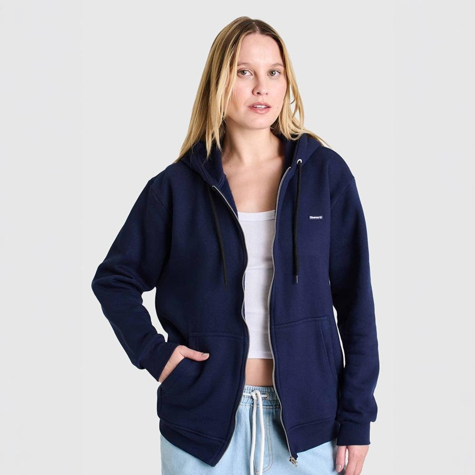 Moletom Hoodie Zip Patch Logo Azul Marinho