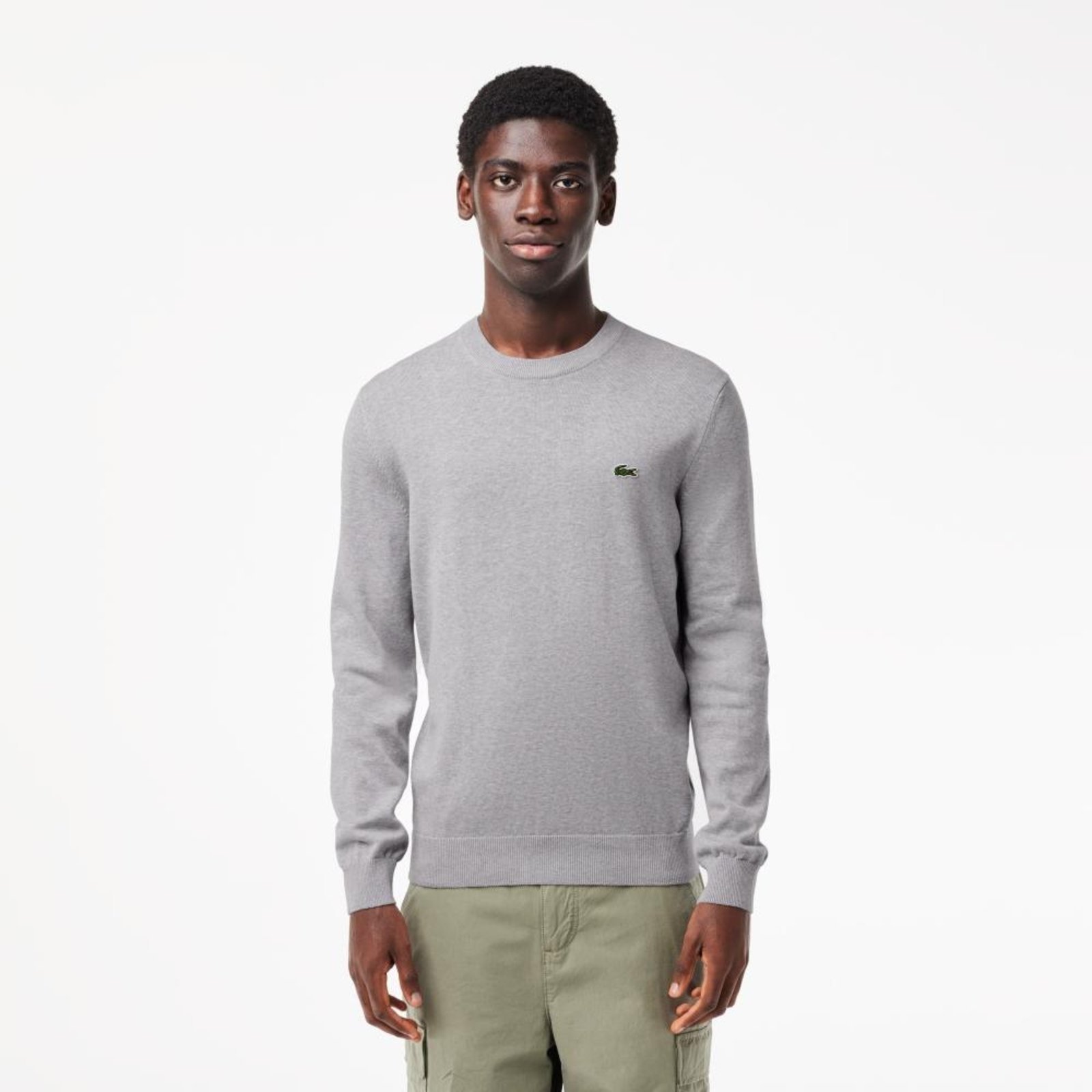 Suéter Lacoste masculino Gola Redonda de Algodão Orgânico Cinza