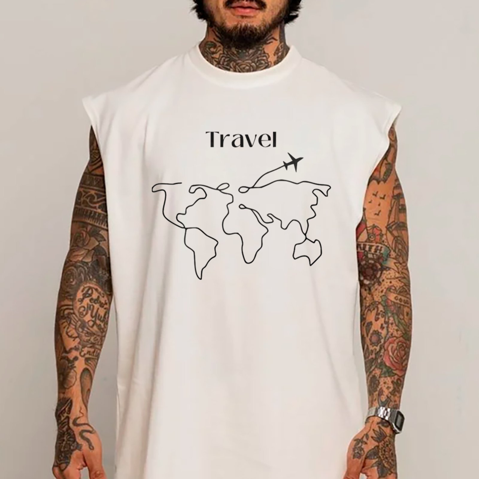 Camiseta Regata Machão Travel World Map Trip Lifestyle Streetwear Branco