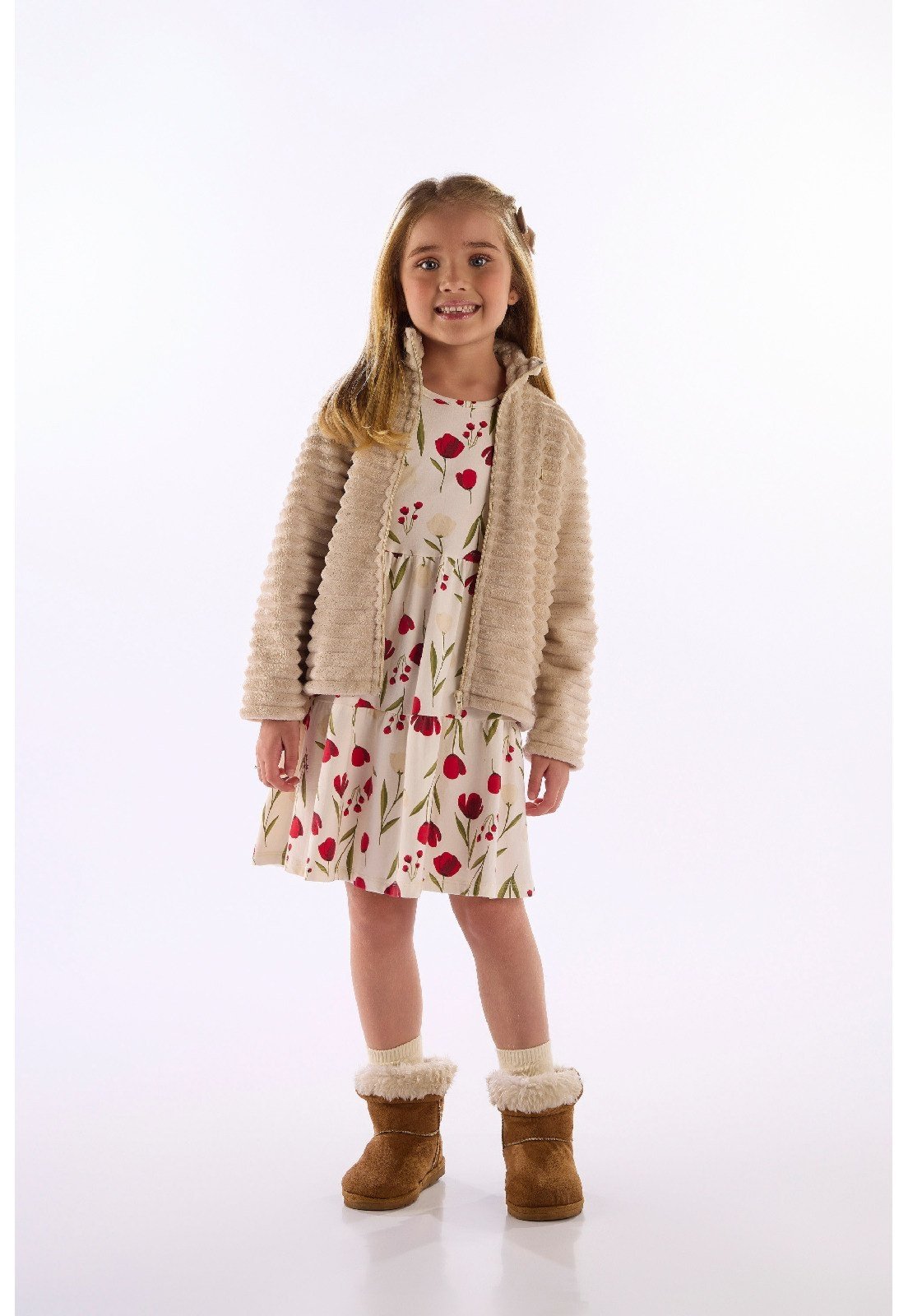 Infantil - Vestido Floral Manga Longa Cotton Quimby Bege