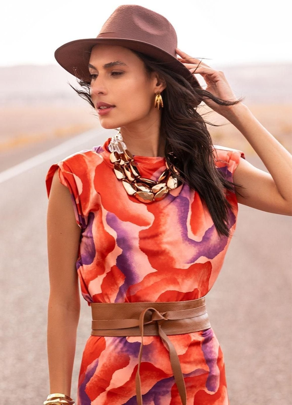 Vista 2 Blusa Feminina Aquarela Em Malha Fria Quintess laranja Quintess laranja
