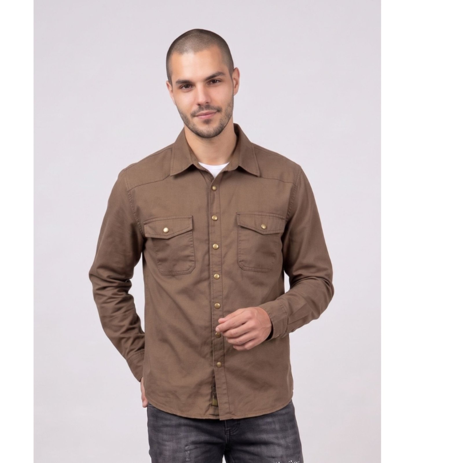 Camisa Jaqueta Marrom Masculina Bolso Slim Sarja Interior Camuflado Bolsos Frontais Casual Dia a Dia Trabalho