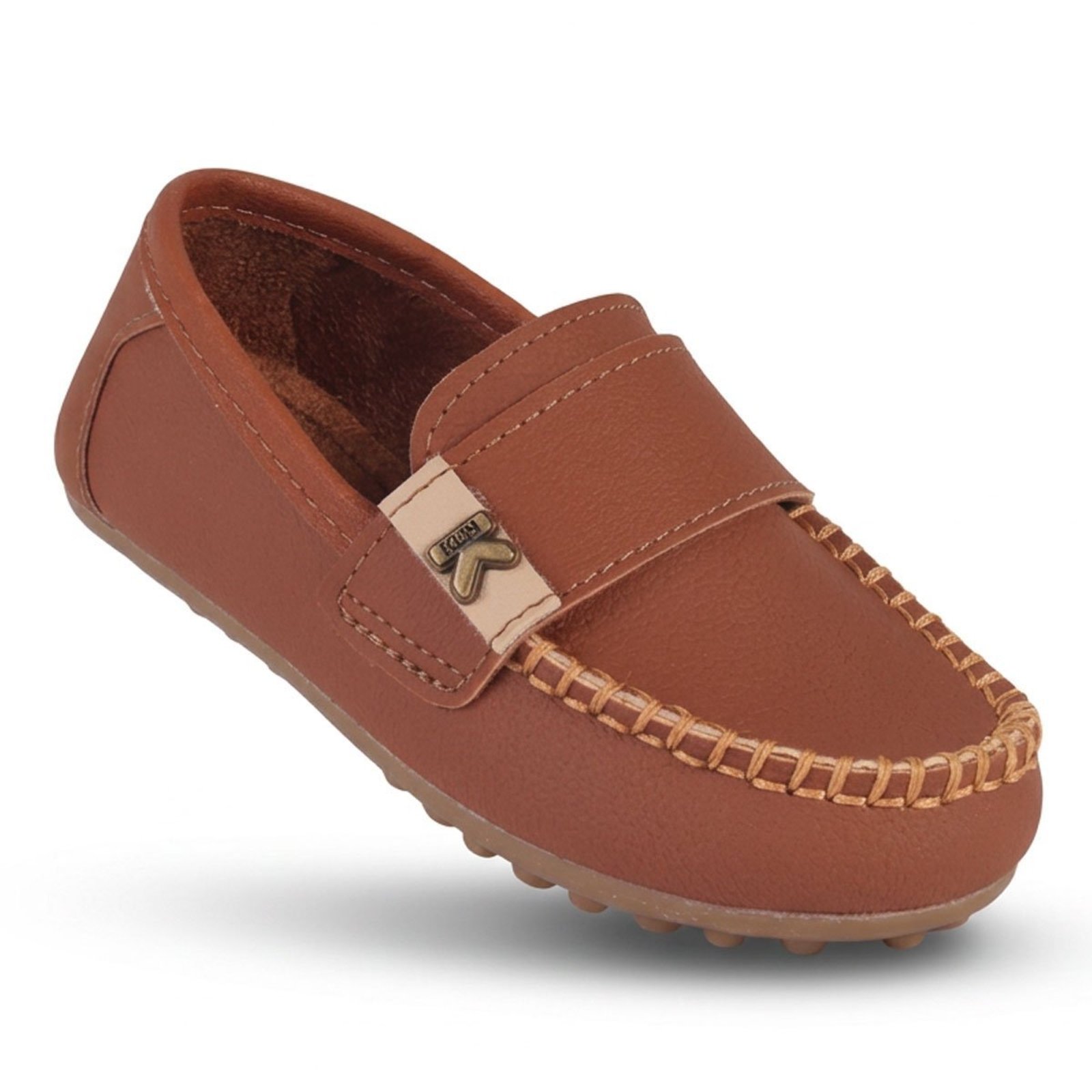 Infantil - Mocassim Masculino Klin Curumim Caramelo com Detalhe em Fita e Placa Metálica