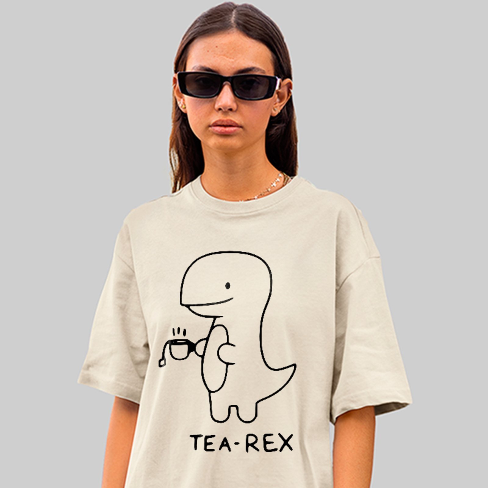 Camiseta Oversized Premium T-Rex Tea Meme Unissex Off White