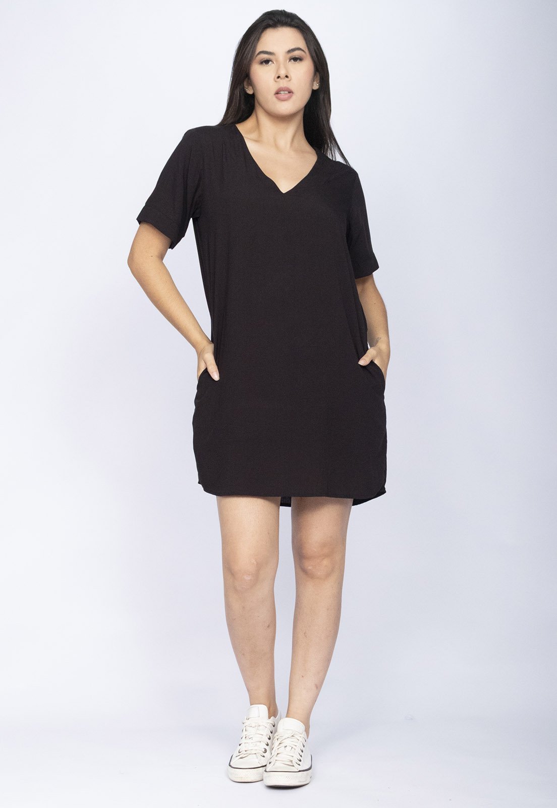 Vestido CabanaFree Curto Gola V Viscose com Bolso
