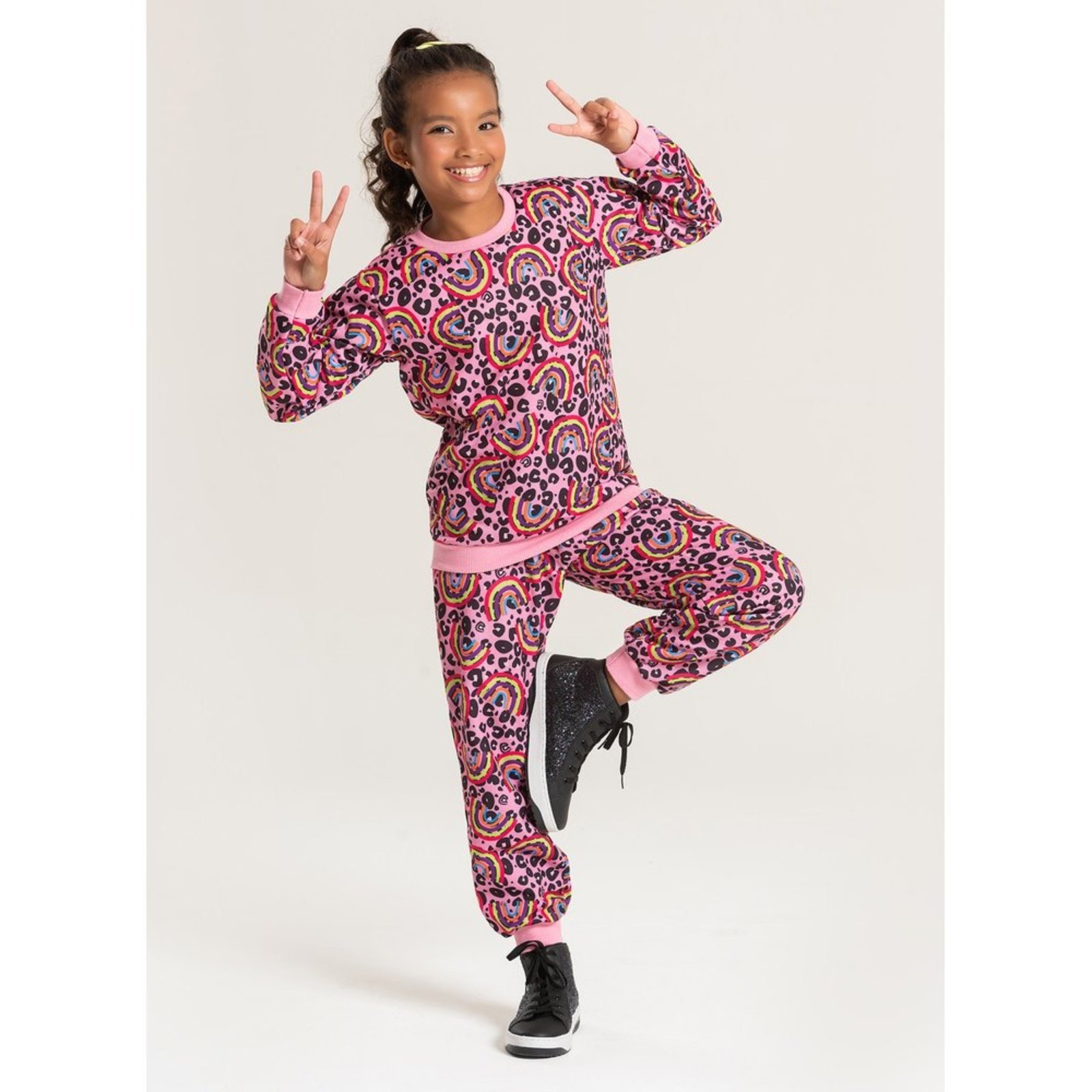 Infantil – Conjunto Inverno Menina Rosa Blusão e Calça em Moletom Savana Colorida