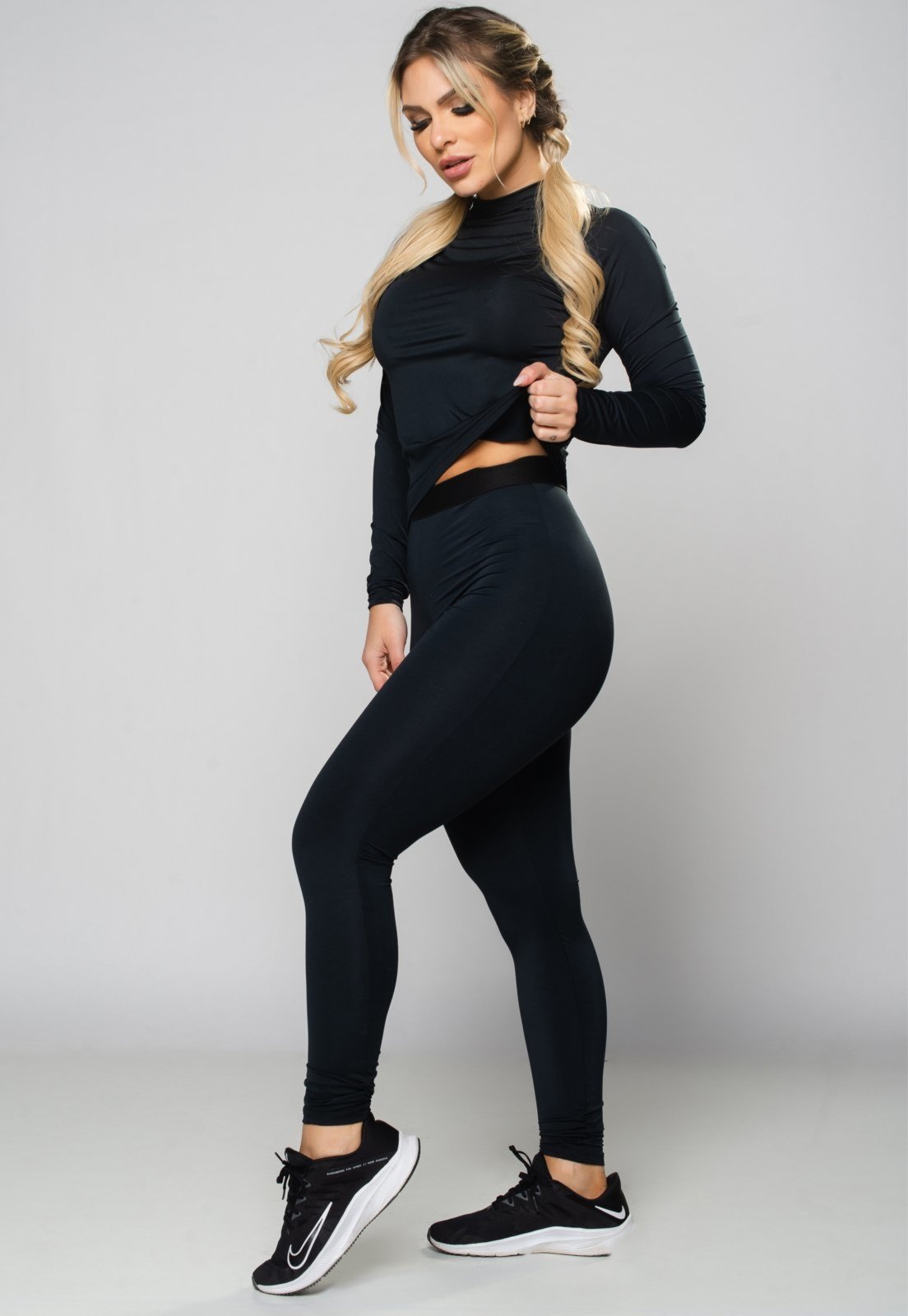 Conjunto Feminino MVB Modas Calça e Camisa Térmica Segunda Pele Proteção Uv Preto