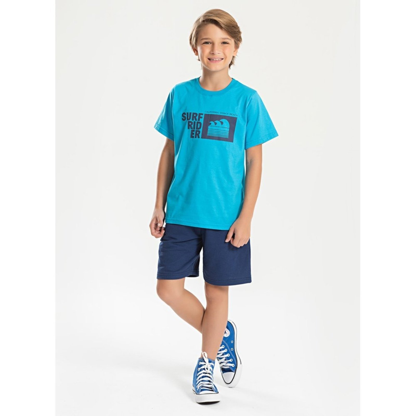Infantil – Conjunto Verão Menino Azul Camiseta e Bermuda com Lapela Surf Rider