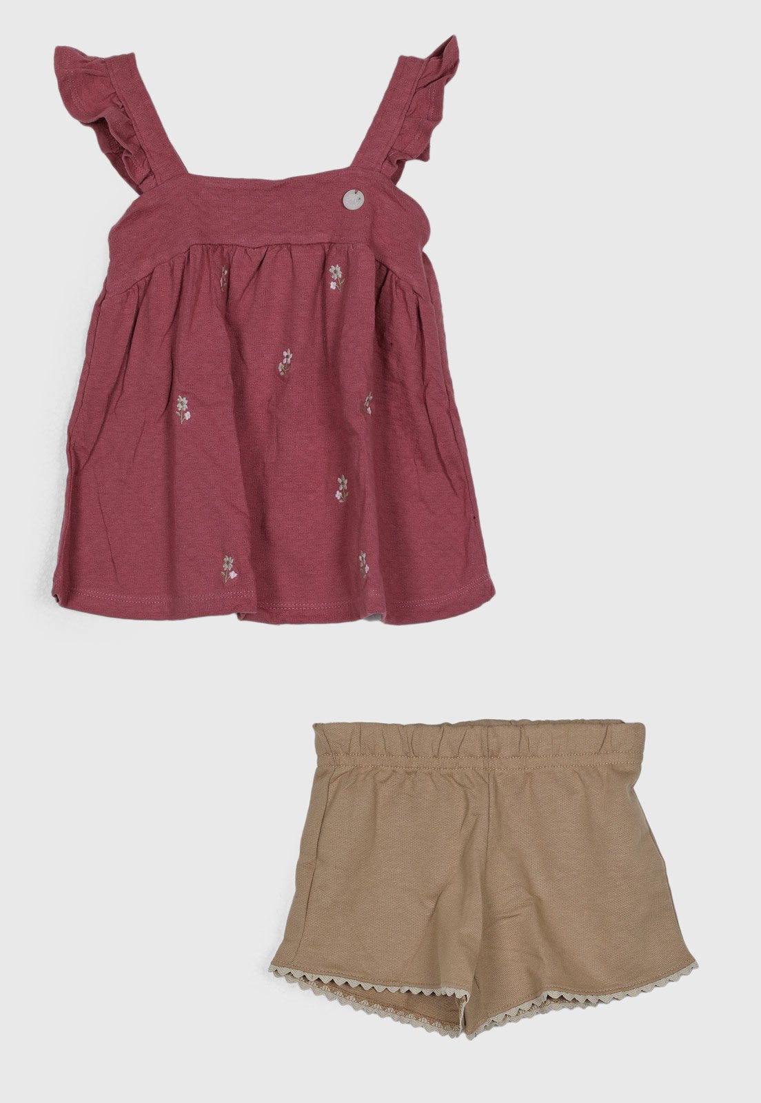 Infantil - Conjunto Brandili Mundi Blusa Alças Babado e Shorts Bege